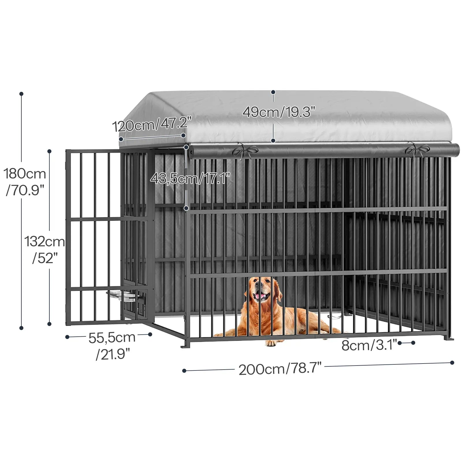 HOOBRO Outdoor Dog Kennel with Cover, 6.6 X 6.6 X 6.4 Ft Dog Kennel outside with Waterproof Roof and Rotating Feeding Bowls, Heavy-Duty Large Cage Enclosure, Dog Playpen Fence, Black