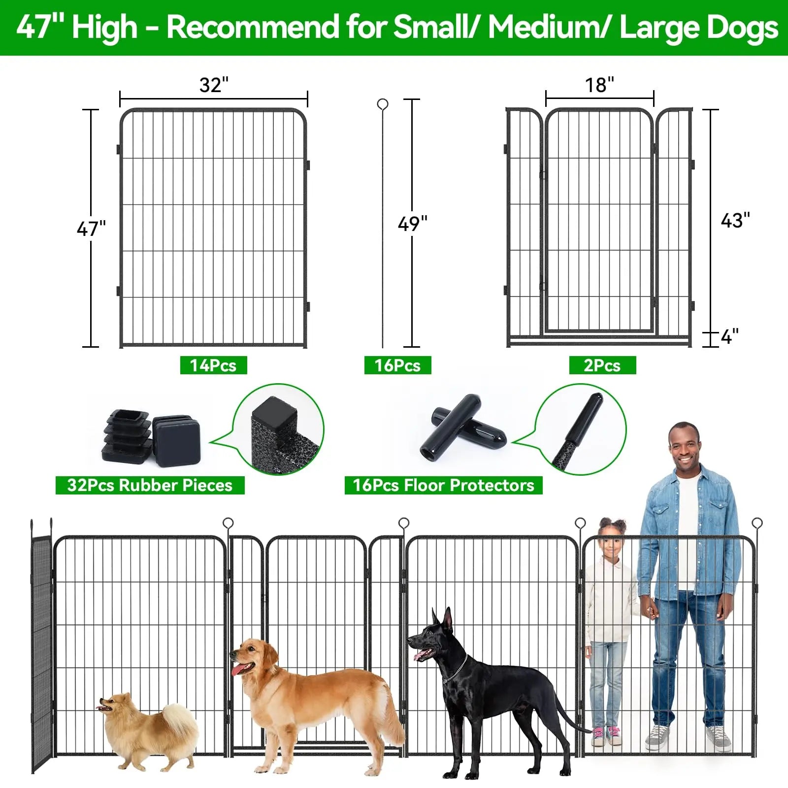 Dog Playpen Outdoor Extra Wide 12 Piece Panels Heavy Duty Anti-Rust Coating-Strengthened Dog Fence 40" Height with Doors Portable for RV Camping Yard, Total 32FT, 79 Sq.Ft, Snowy Black PS781