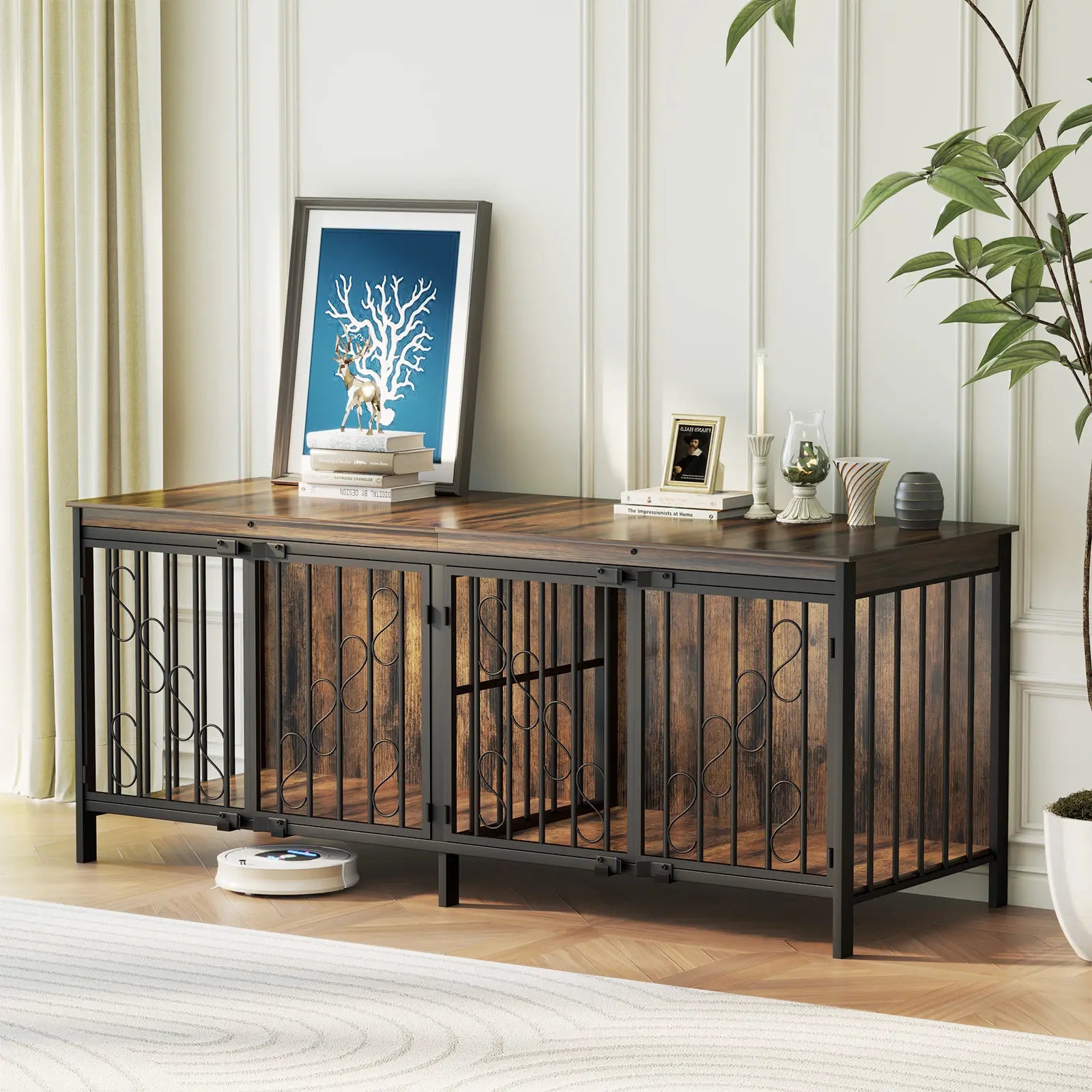 COZPAW Large Dog Crate Furniture, 48/52/71/78/86Inch Wooden Dog Kennel for Xlarge Dogs, Heavy Duty Dogs Furniture Indoor Wire Dog Cage with Caster Wheels, Decorative Pet House End Table, Brown