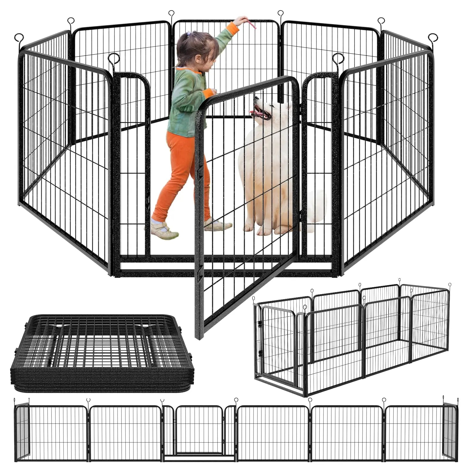 Dog Playpen Outdoor Extra Wide 12 Piece Panels Heavy Duty Anti-Rust Coating-Strengthened Dog Fence 40" Height with Doors Portable for RV Camping Yard, Total 32FT, 79 Sq.Ft, Snowy Black PS781