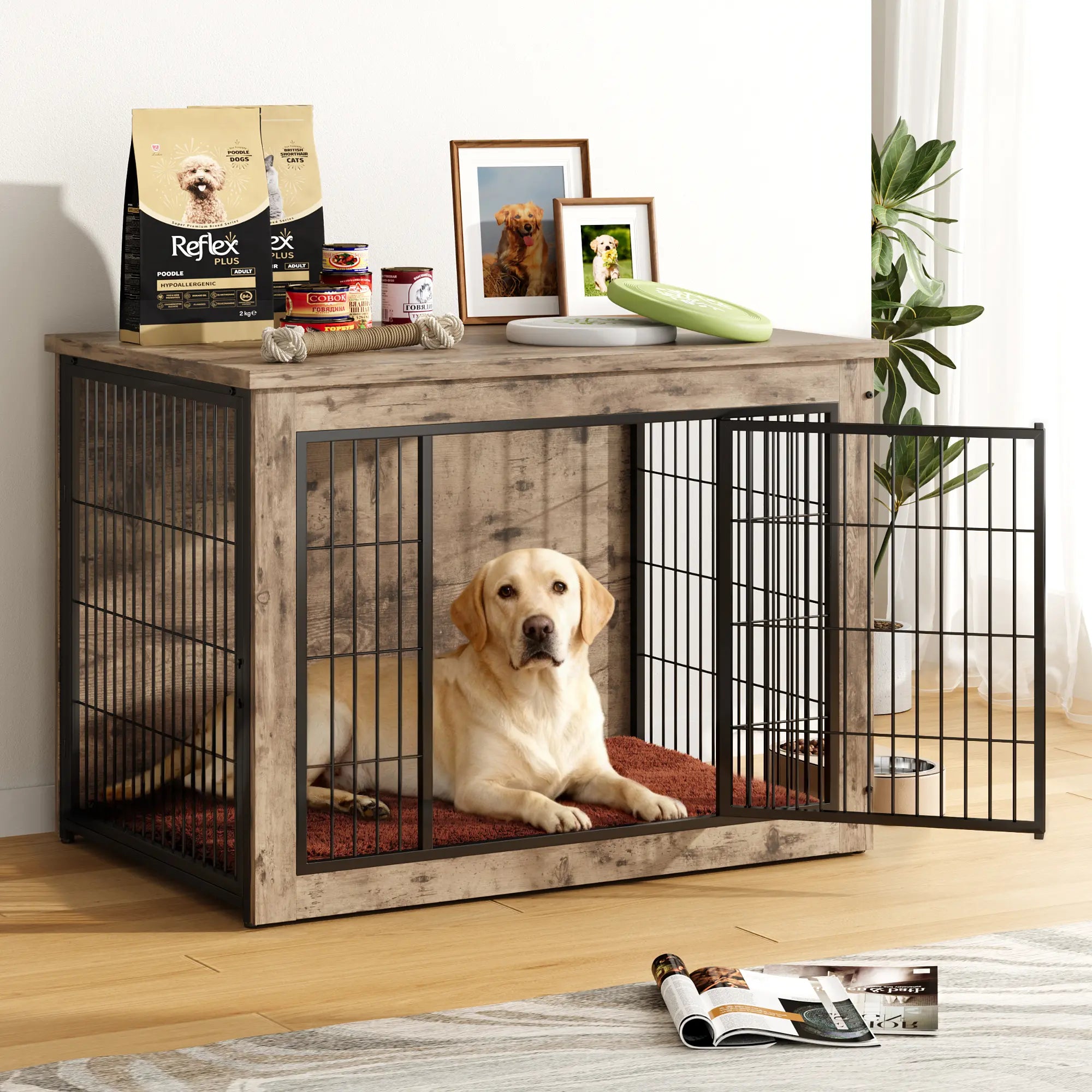 Warcat Dog Crate Furniture with Thick Cushion, Side End Table Wooden Dog Cage with Double Doors, Chew-Resistant Dog Kennel Dog House Indoor for Small to Large Dog #Aprilstockup#Tiktokshopstockup#Tiktokshopmothersday#Summervibes#Petlovers