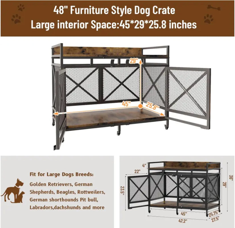 COZPAW Large Dog Crate Furniture, 48/52/71/78/86Inch Wooden Dog Kennel for Xlarge Dogs, Heavy Duty Dogs Furniture Indoor Wire Dog Cage with Caster Wheels, Decorative Pet House End Table, Brown