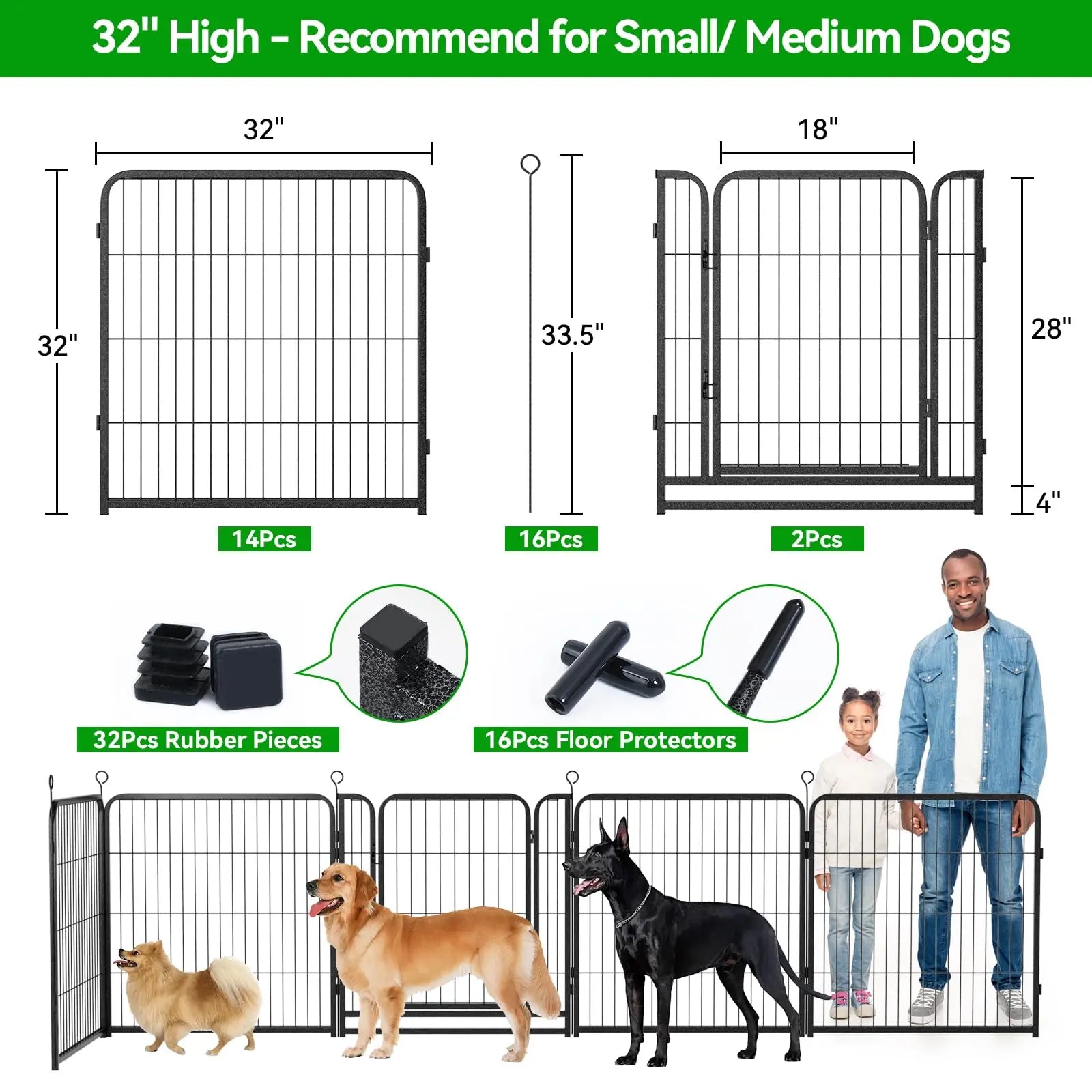 Dog Playpen Outdoor Extra Wide 12 Piece Panels Heavy Duty Anti-Rust Coating-Strengthened Dog Fence 40" Height with Doors Portable for RV Camping Yard, Total 32FT, 79 Sq.Ft, Snowy Black PS781