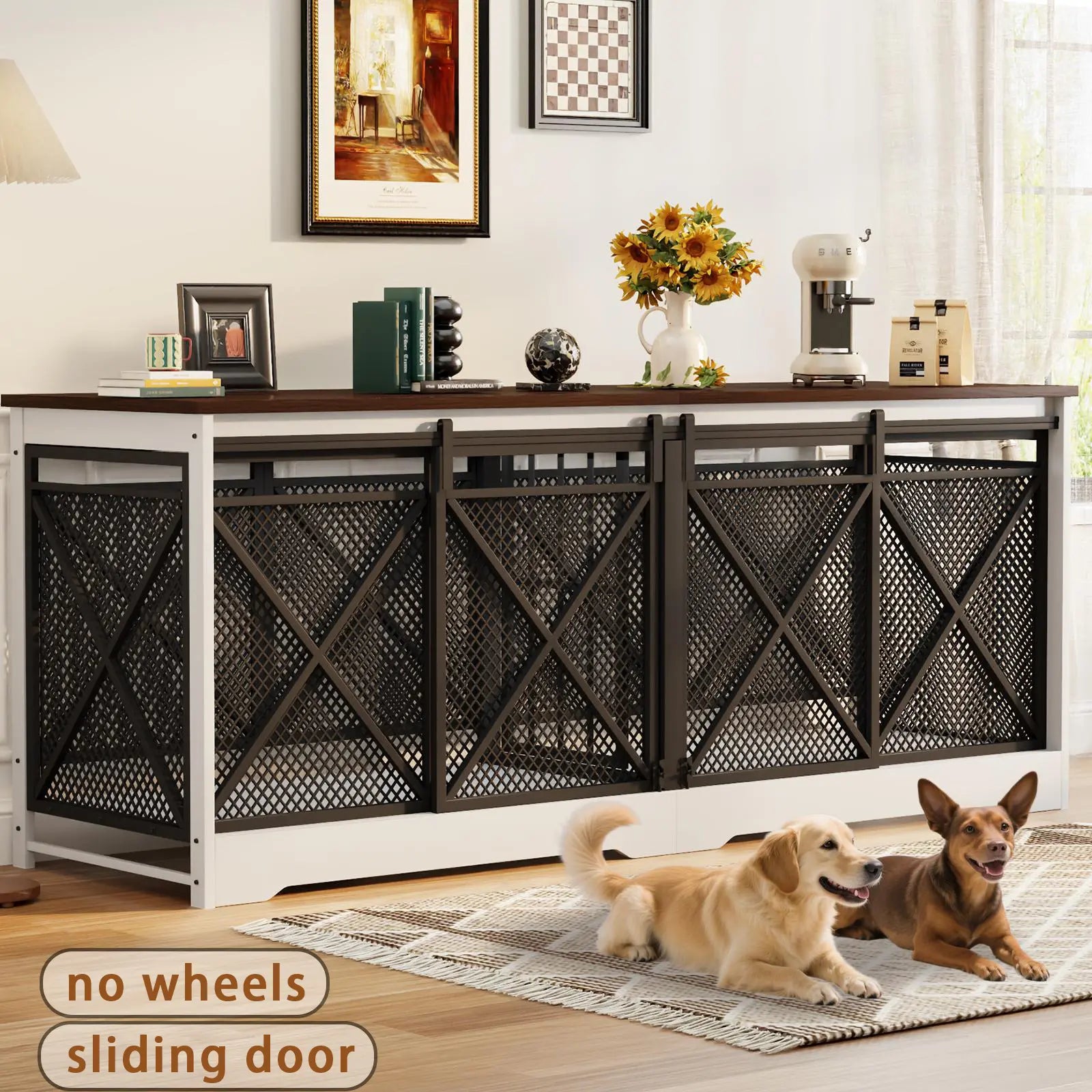 COZPAW Large Dog Crate Furniture, 48/52/71/78/86Inch Wooden Dog Kennel for Xlarge Dogs, Heavy Duty Dogs Furniture Indoor Wire Dog Cage with Caster Wheels, Decorative Pet House End Table, Brown