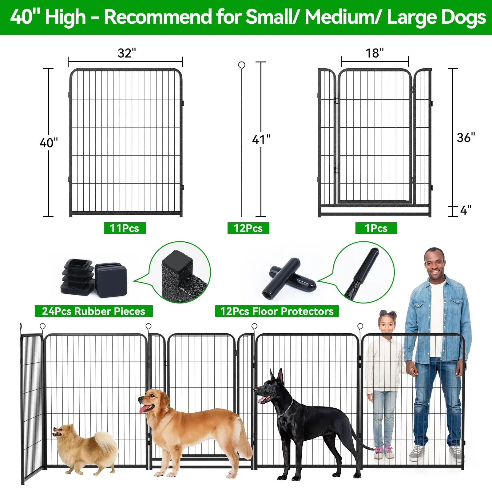 Dog Playpen Outdoor Extra Wide 12 Piece Panels Heavy Duty Anti-Rust Coating-Strengthened Dog Fence 40" Height with Doors Portable for RV Camping Yard, Total 32FT, 79 Sq.Ft, Snowy Black PS781
