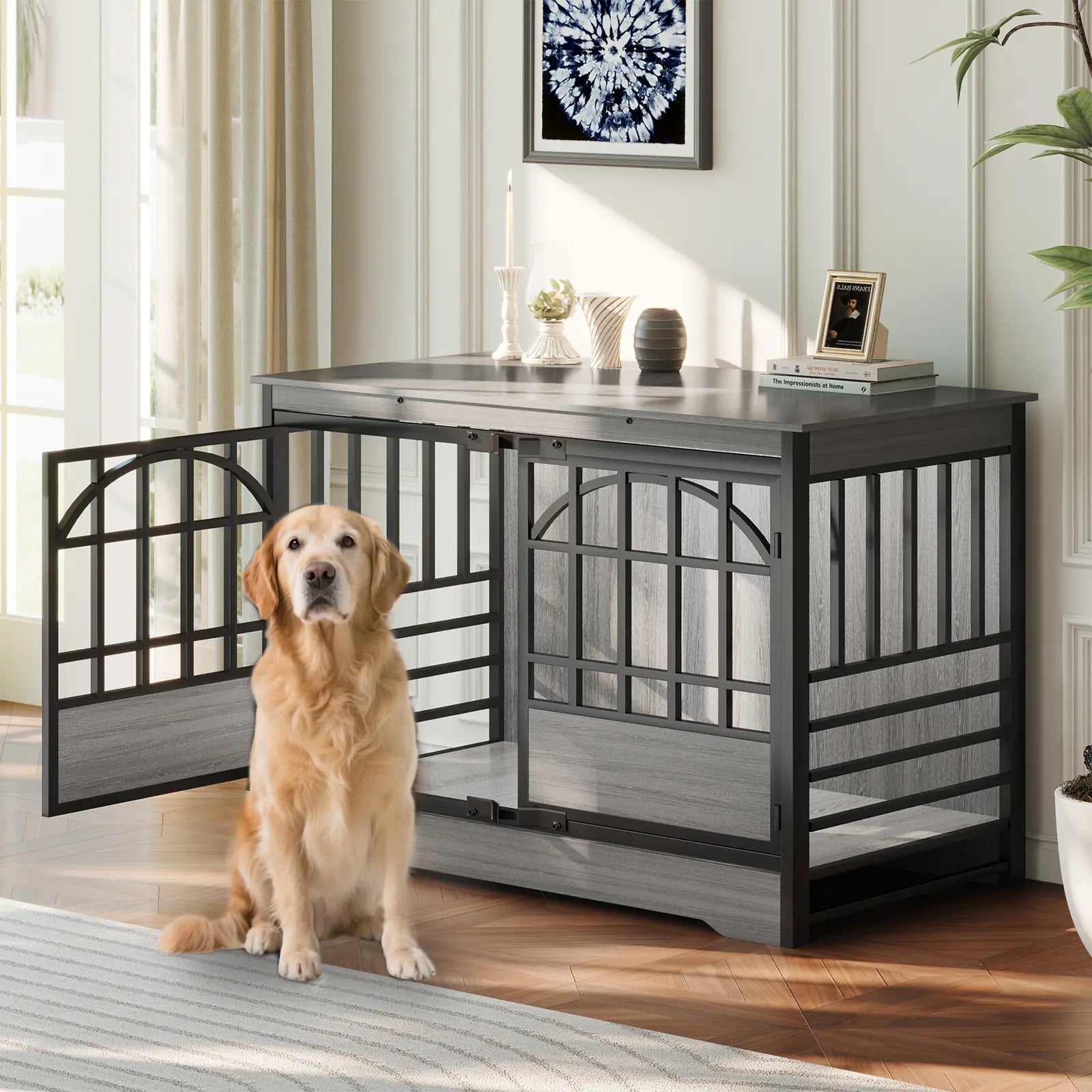 COZPAW Large Dog Crate Furniture, 48/52/71/78/86Inch Wooden Dog Kennel for Xlarge Dogs, Heavy Duty Dogs Furniture Indoor Wire Dog Cage with Caster Wheels, Decorative Pet House End Table, Brown