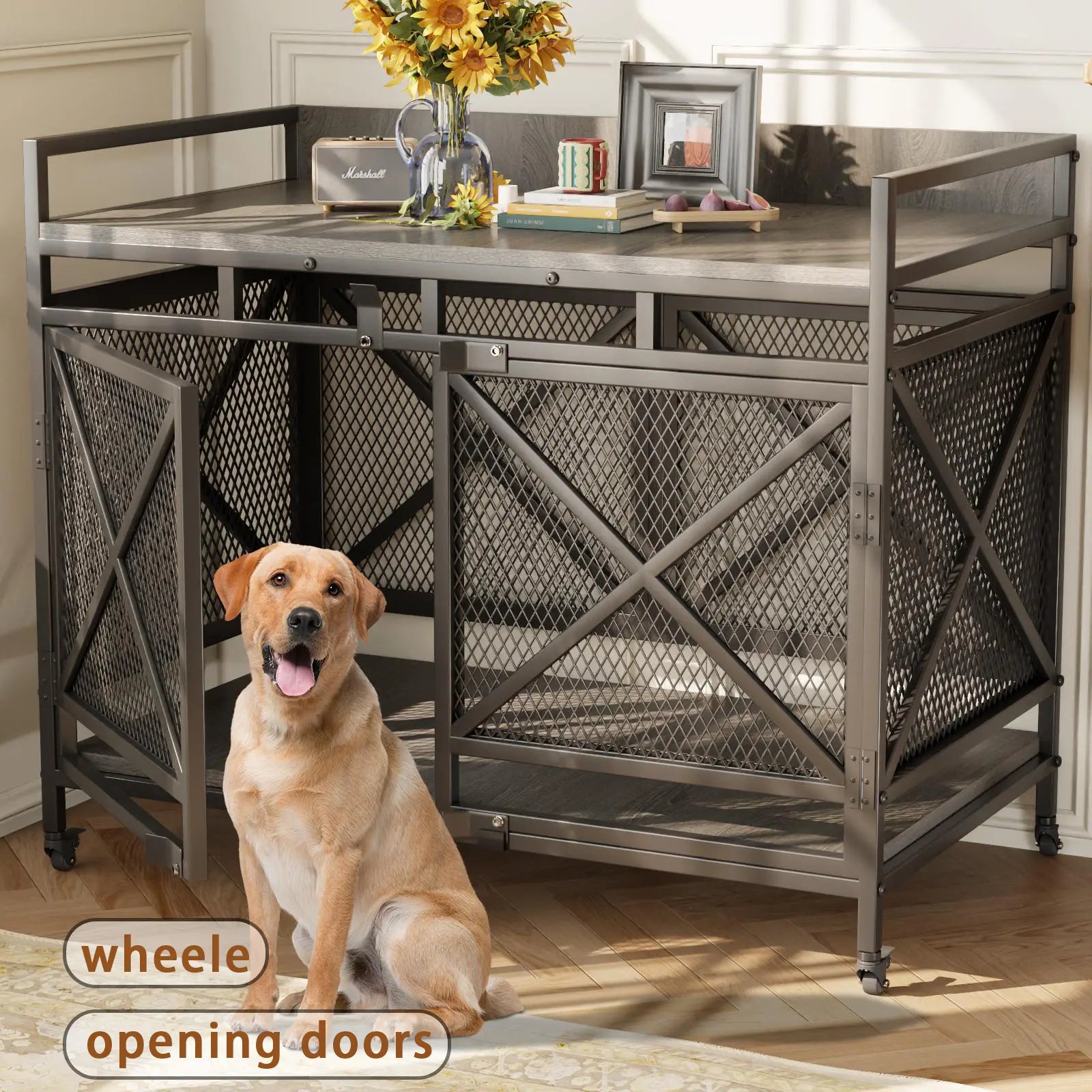 COZPAW Large Dog Crate Furniture, 48/52/71/78/86Inch Wooden Dog Kennel for Xlarge Dogs, Heavy Duty Dogs Furniture Indoor Wire Dog Cage with Caster Wheels, Decorative Pet House End Table, Brown
