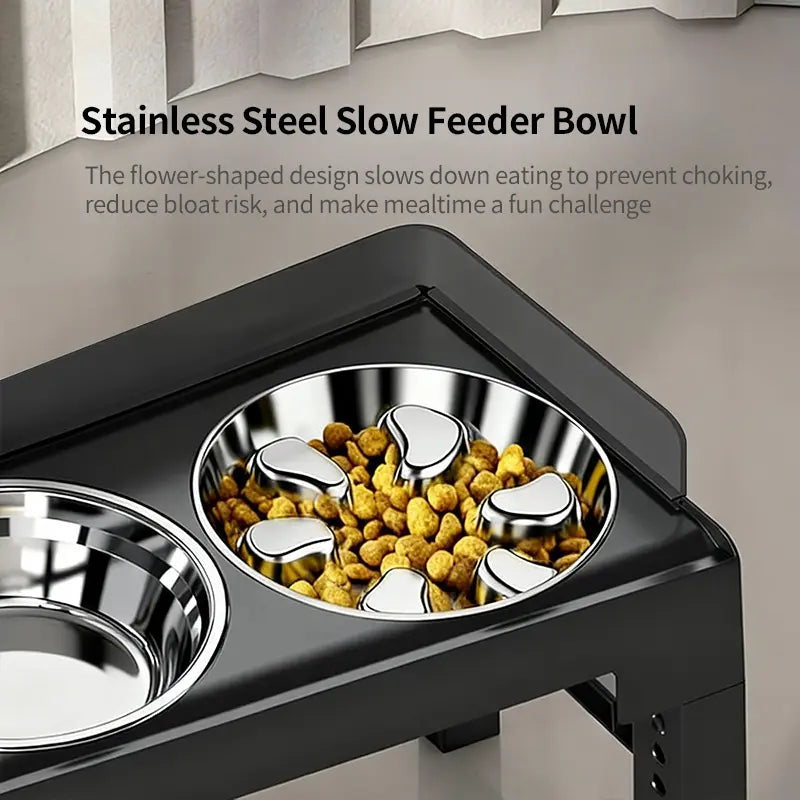 PAKEWAY Elevated Dog Bowls, Spill Proof, Tiltable Pet Feeder with 1 Slow Feeder Bowl &2 Stainless Steel Bowl, 6 Height Adjustable Raised Dog Bowls Stand for Medium Large Dogs