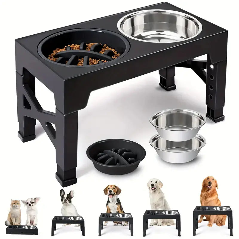 Elevated Dog Bowls, 5 Adjustable Heights Raised Dog Bowl Stand, with 2 Stainless Steel Dog Food Bowls and 1 Slow Feeder Dog Bowl, Adjusts to Height 3.2" to 12.2" for Small Medium Large Dogs Feeding