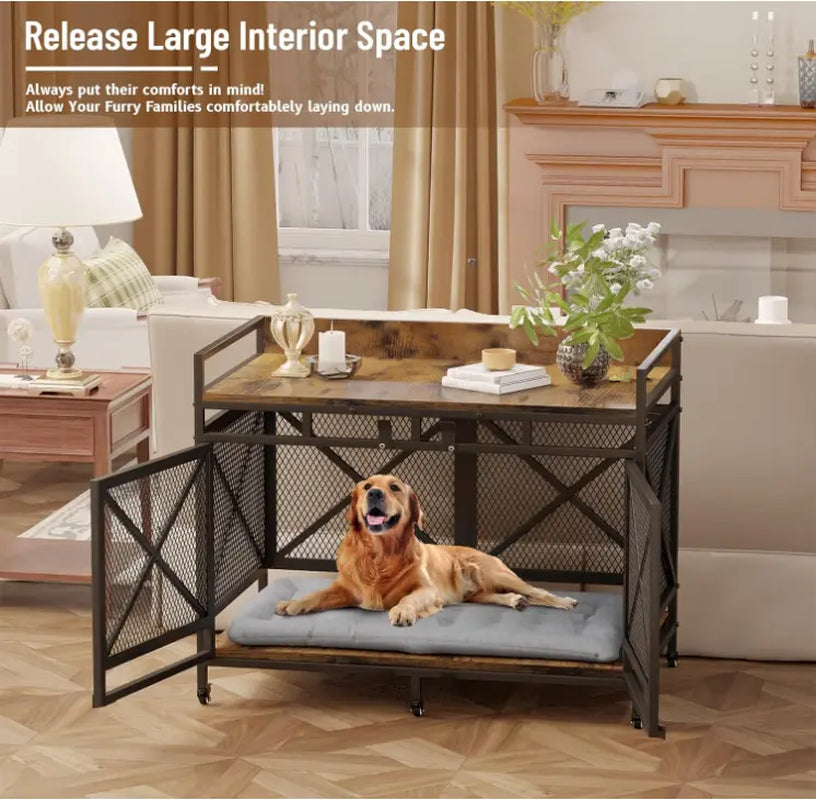 COZPAW Large Dog Crate Furniture, 48/52/71/78/86Inch Wooden Dog Kennel for Xlarge Dogs, Heavy Duty Dogs Furniture Indoor Wire Dog Cage with Caster Wheels, Decorative Pet House End Table, Brown