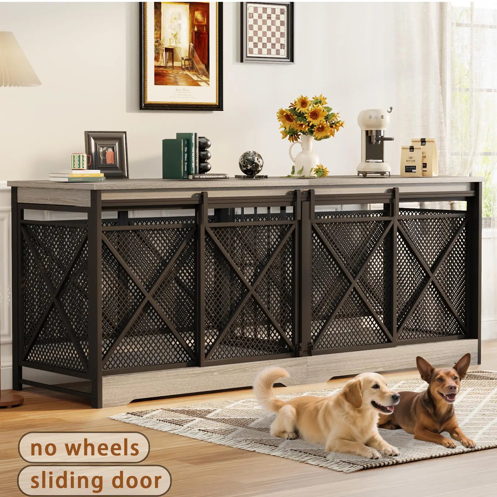 COZPAW Large Dog Crate Furniture, 48/52/71/78/86Inch Wooden Dog Kennel for Xlarge Dogs, Heavy Duty Dogs Furniture Indoor Wire Dog Cage with Caster Wheels, Decorative Pet House End Table, Brown