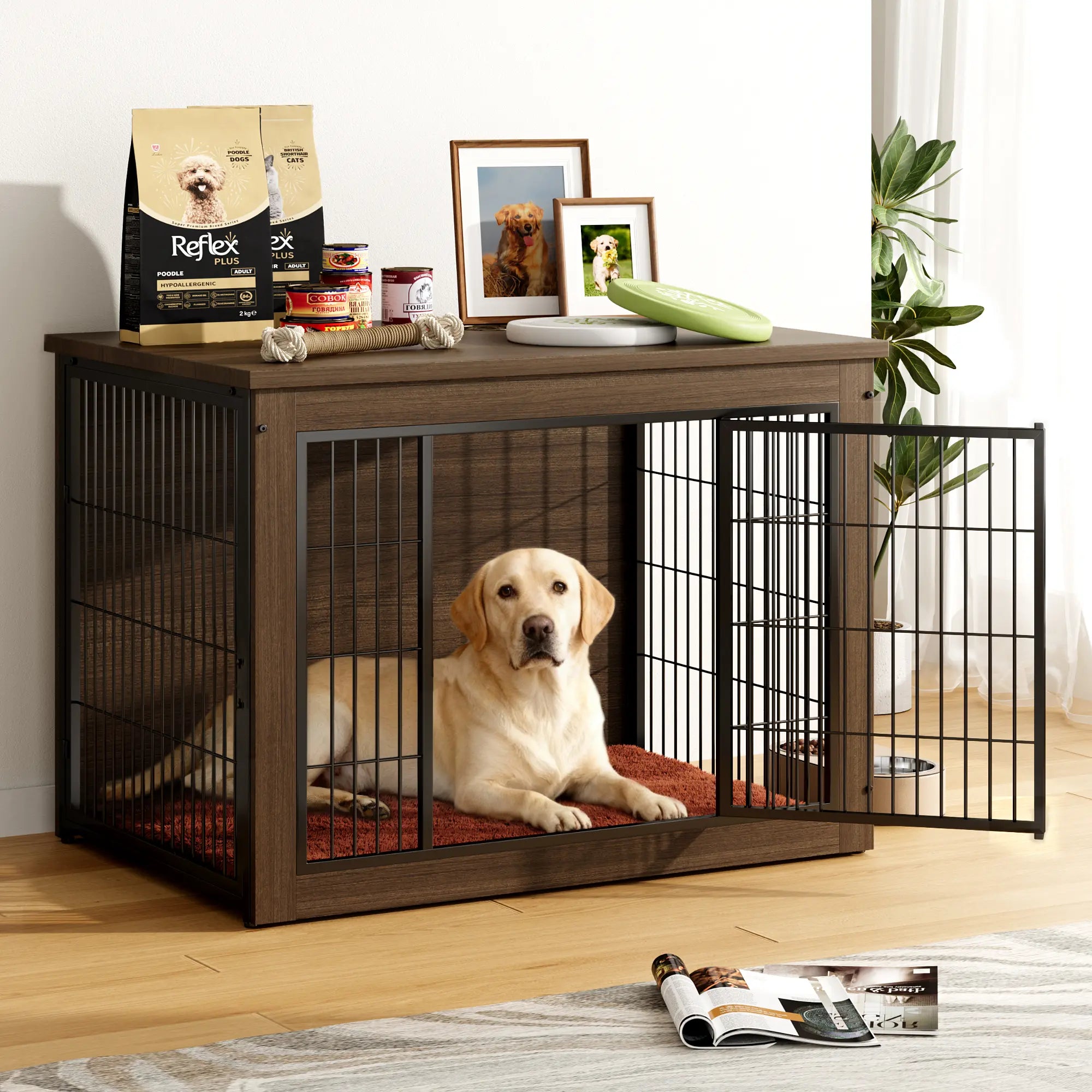 Warcat Dog Crate Furniture with Thick Cushion, Side End Table Wooden Dog Cage with Double Doors, Chew-Resistant Dog Kennel Dog House Indoor for Small to Large Dog #Aprilstockup#Tiktokshopstockup#Tiktokshopmothersday#Summervibes#Petlovers