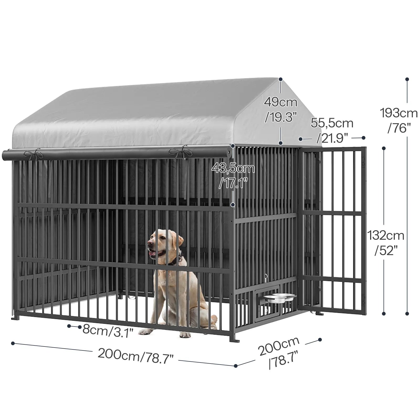 HOOBRO Outdoor Dog Kennel with Cover, 6.6 X 6.6 X 6.4 Ft Dog Kennel outside with Waterproof Roof and Rotating Feeding Bowls, Heavy-Duty Large Cage Enclosure, Dog Playpen Fence, Black