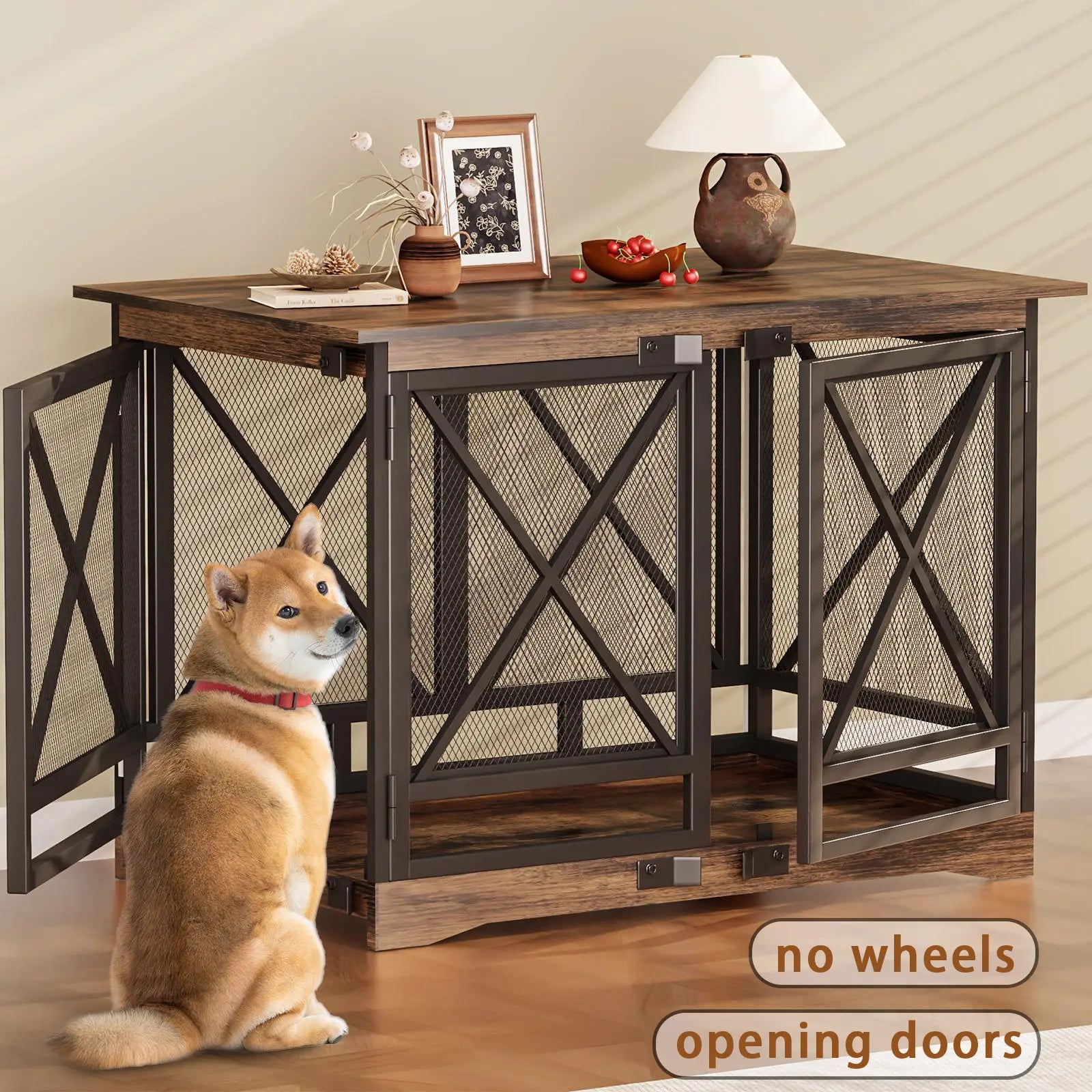 COZPAW Large Dog Crate Furniture, 48/52/71/78/86Inch Wooden Dog Kennel for Xlarge Dogs, Heavy Duty Dogs Furniture Indoor Wire Dog Cage with Caster Wheels, Decorative Pet House End Table, Brown
