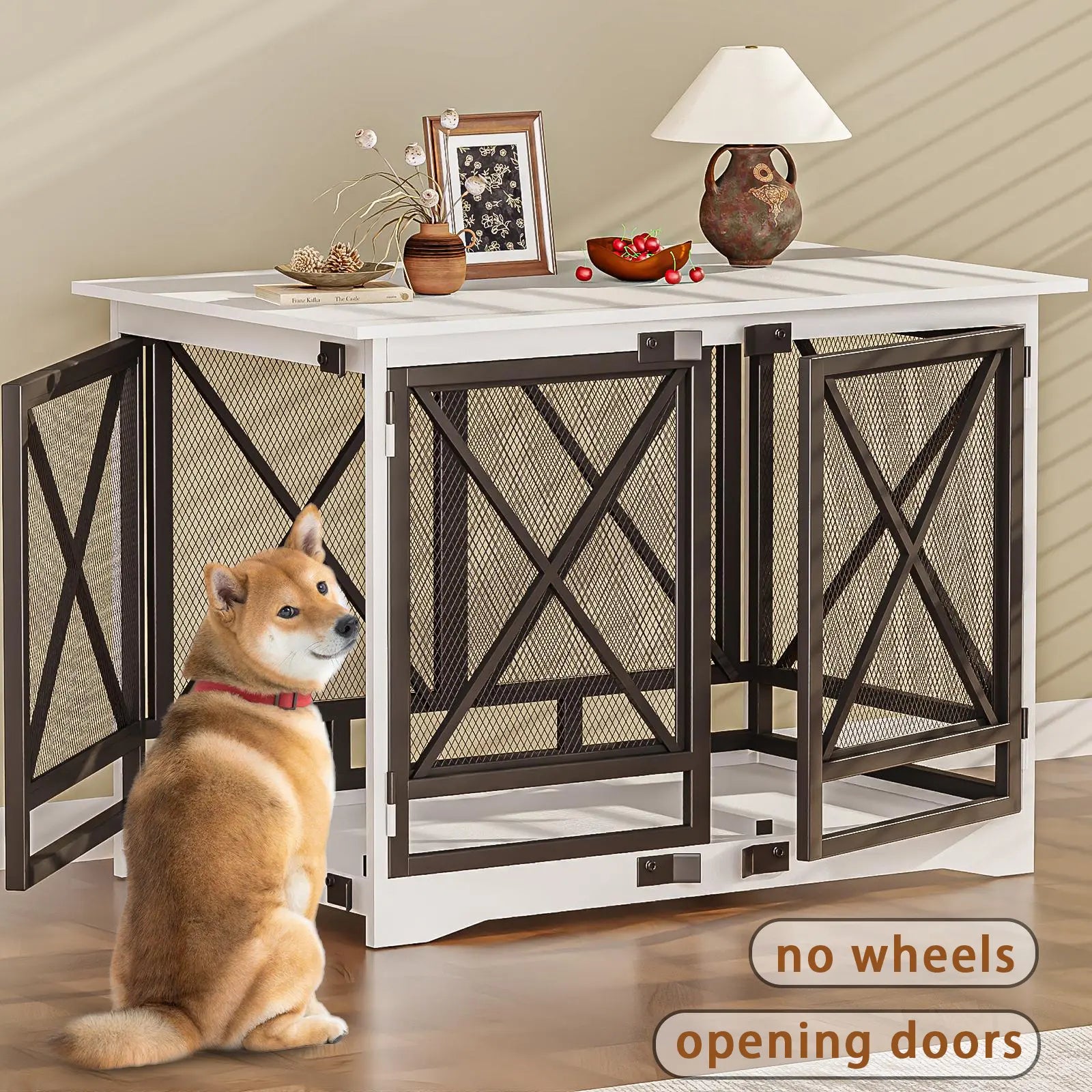 COZPAW Large Dog Crate Furniture, 48/52/71/78/86Inch Wooden Dog Kennel for Xlarge Dogs, Heavy Duty Dogs Furniture Indoor Wire Dog Cage with Caster Wheels, Decorative Pet House End Table, Brown