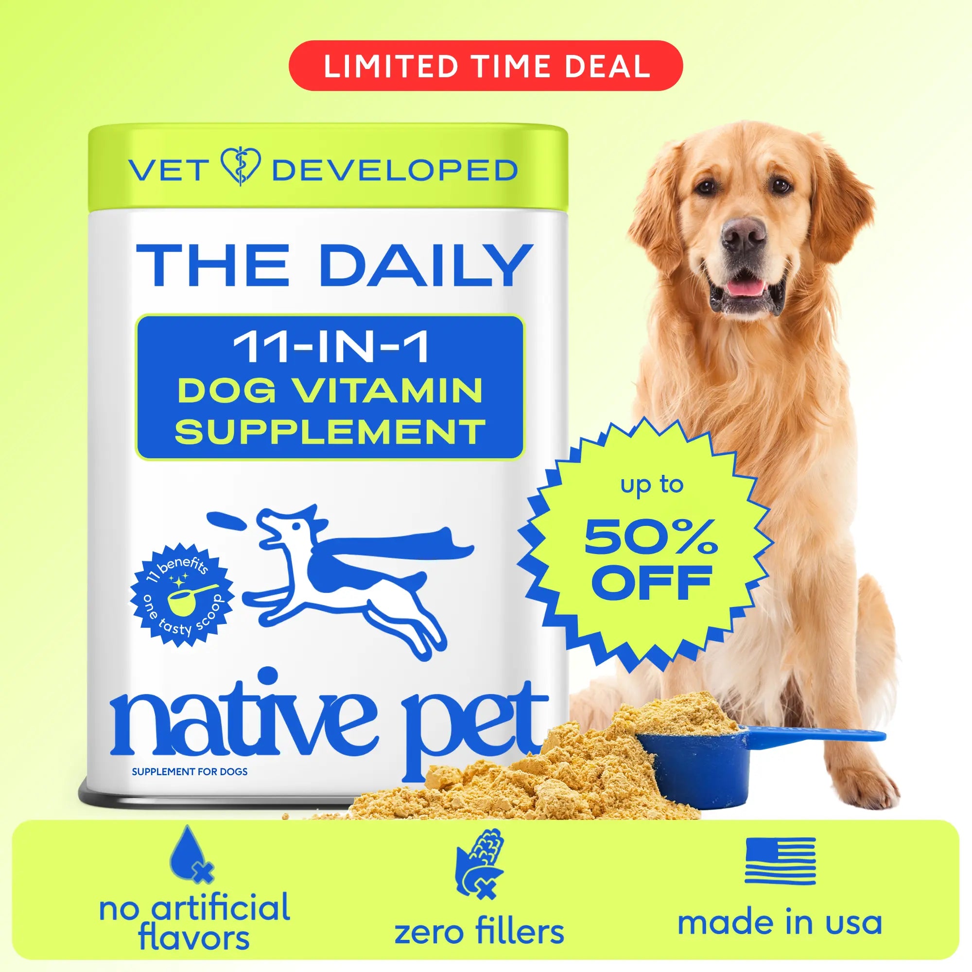 Native Pet Dog Vitamins & Supplements - 11-In-1 Vitamin Powder for Dog Food Topper - Collagen, Glucosamine, Probiotics, Omega & More- Supports Healthy Gut, Mobility & Overall Health