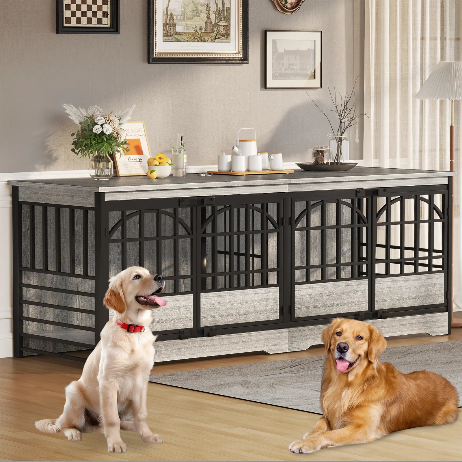 COZPAW Large Dog Crate Furniture, 48/52/71/78/86Inch Wooden Dog Kennel for Xlarge Dogs, Heavy Duty Dogs Furniture Indoor Wire Dog Cage with Caster Wheels, Decorative Pet House End Table, Brown