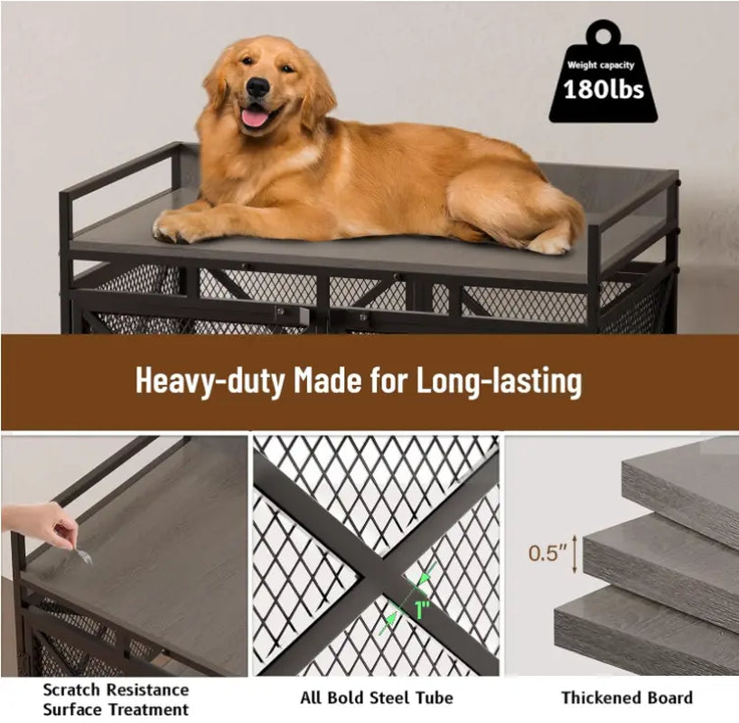COZPAW Large Dog Crate Furniture, 48/52/71/78/86Inch Wooden Dog Kennel for Xlarge Dogs, Heavy Duty Dogs Furniture Indoor Wire Dog Cage with Caster Wheels, Decorative Pet House End Table, Brown