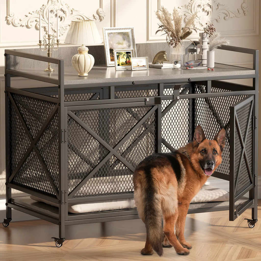 COZPAW Large Dog Crate Furniture, 48/52/71/78/86Inch Wooden Dog Kennel for Xlarge Dogs, Heavy Duty Dogs Furniture Indoor Wire Dog Cage with Caster Wheels, Decorative Pet House End Table, Brown