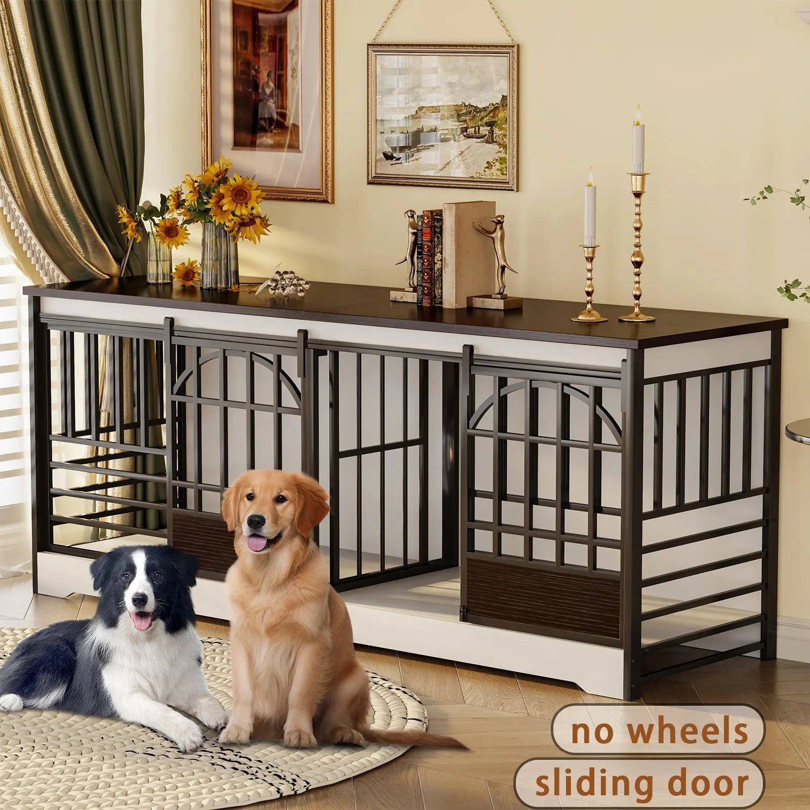 COZPAW Large Dog Crate Furniture, 48/52/71/78/86Inch Wooden Dog Kennel for Xlarge Dogs, Heavy Duty Dogs Furniture Indoor Wire Dog Cage with Caster Wheels, Decorative Pet House End Table, Brown