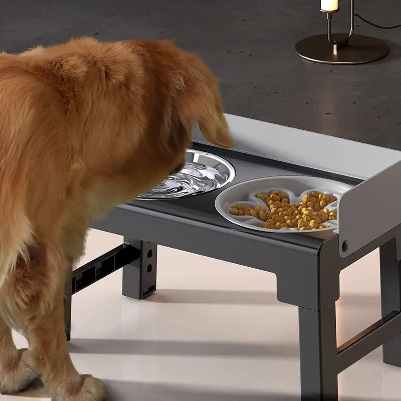 PAKEWAY Elevated Dog Bowls, Spill Proof, Tiltable Pet Feeder with 1 Slow Feeder Bowl &2 Stainless Steel Bowl, 6 Height Adjustable Raised Dog Bowls Stand for Medium Large Dogs