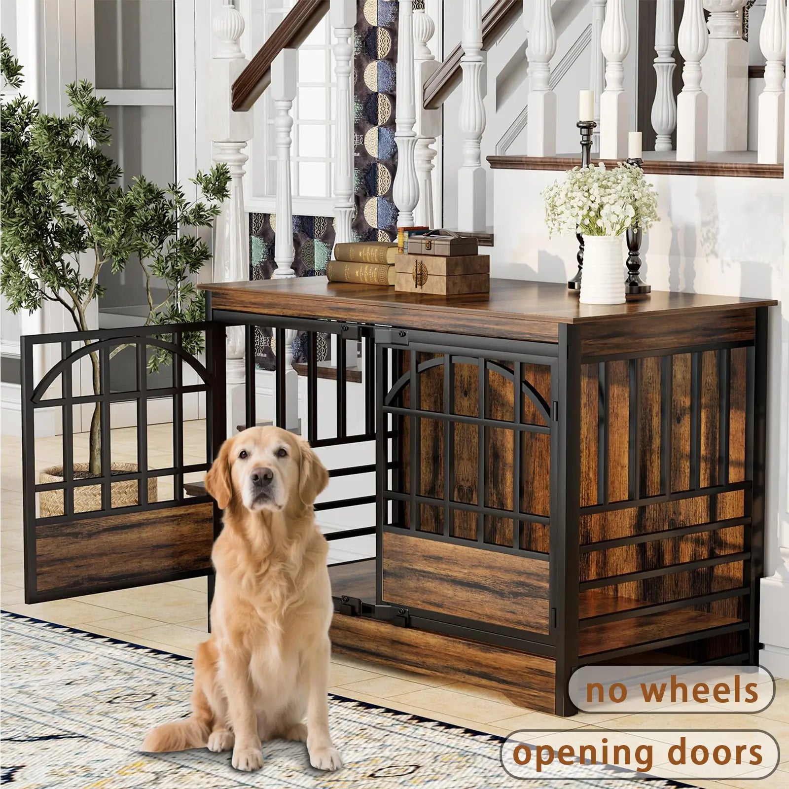 COZPAW Large Dog Crate Furniture, 48/52/71/78/86Inch Wooden Dog Kennel for Xlarge Dogs, Heavy Duty Dogs Furniture Indoor Wire Dog Cage with Caster Wheels, Decorative Pet House End Table, Brown