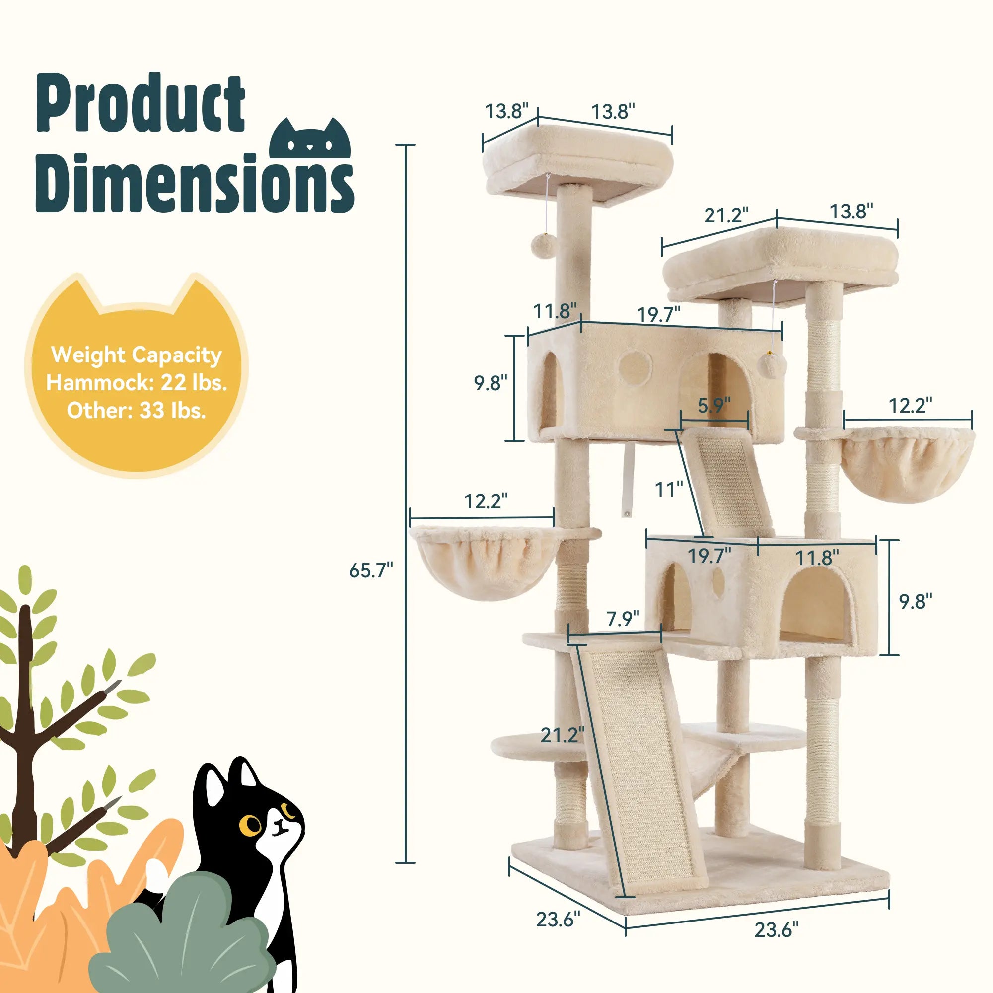 HOOMIC 65In Multi-Level Large Cat Tree Tower for Indoor Cats/Furniture Activity Center with Wide Base/Cozy Plush Cat Perches/Cat Condo with Baskets/Sisal Scratching Posts and Hammock #Tiktokshopfalldealsforyou