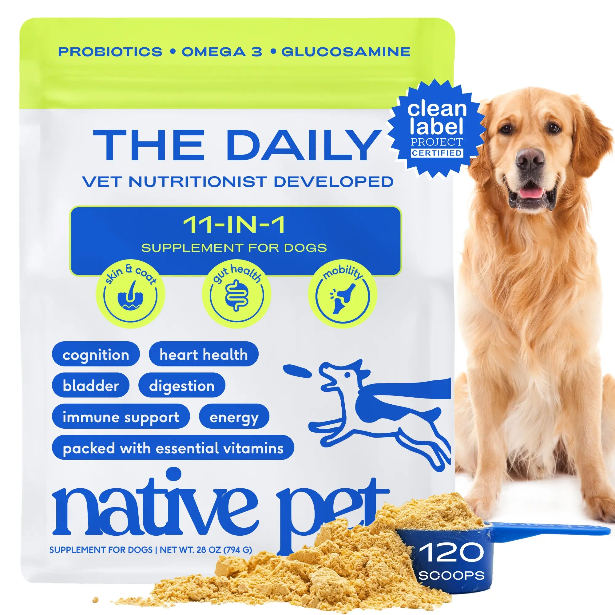 Native Pet Dog Vitamins & Supplements - 11-In-1 Vitamin Powder for Dog Food Topper - Collagen, Glucosamine, Probiotics, Omega & More- Supports Healthy Gut, Mobility & Overall Health