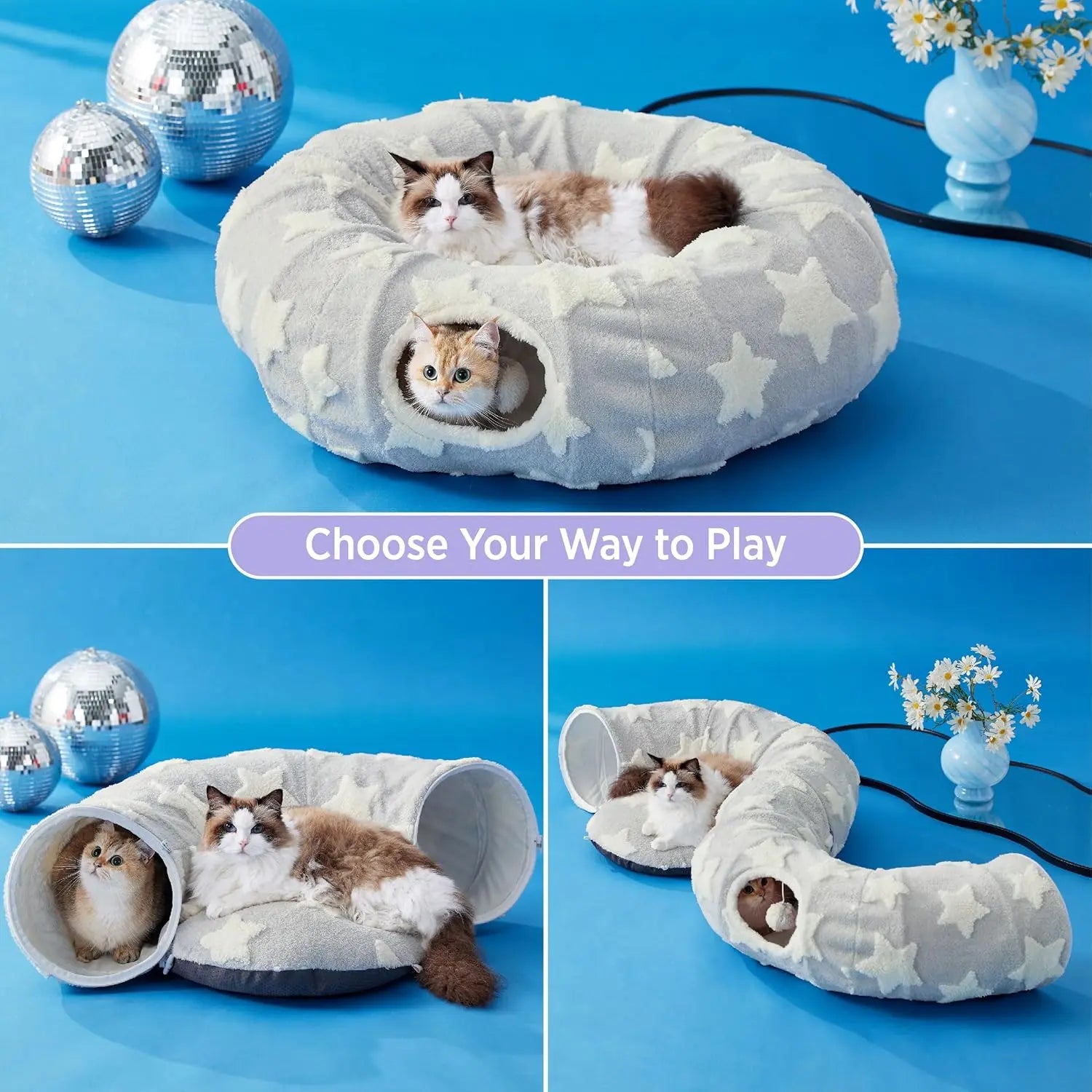 Lesure Cat Tunnel Bed for Indoor Cats - Cute Cat Donut Tunnel with Washable Circle Cushion, round Pet Play Tunnel Toy for Kitten/Puppy/Rabbit - Animal Blanket Home