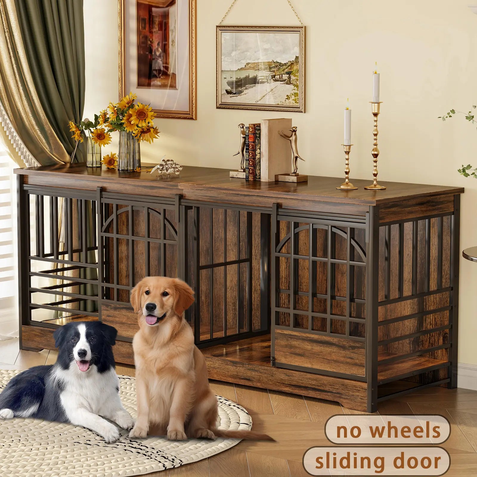 COZPAW Large Dog Crate Furniture, 48/52/71/78/86Inch Wooden Dog Kennel for Xlarge Dogs, Heavy Duty Dogs Furniture Indoor Wire Dog Cage with Caster Wheels, Decorative Pet House End Table, Brown