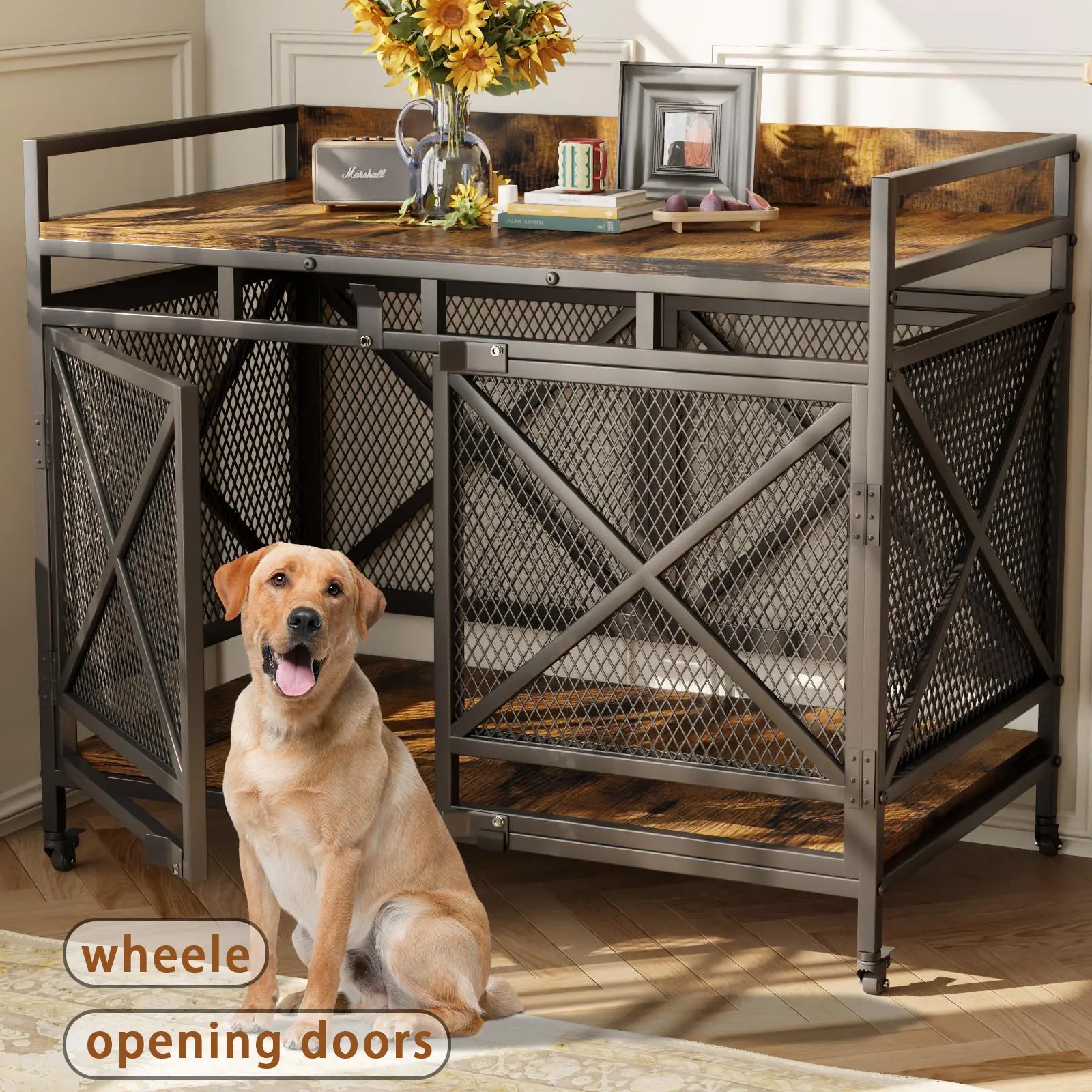 COZPAW Large Dog Crate Furniture, 48/52/71/78/86Inch Wooden Dog Kennel for Xlarge Dogs, Heavy Duty Dogs Furniture Indoor Wire Dog Cage with Caster Wheels, Decorative Pet House End Table, Brown