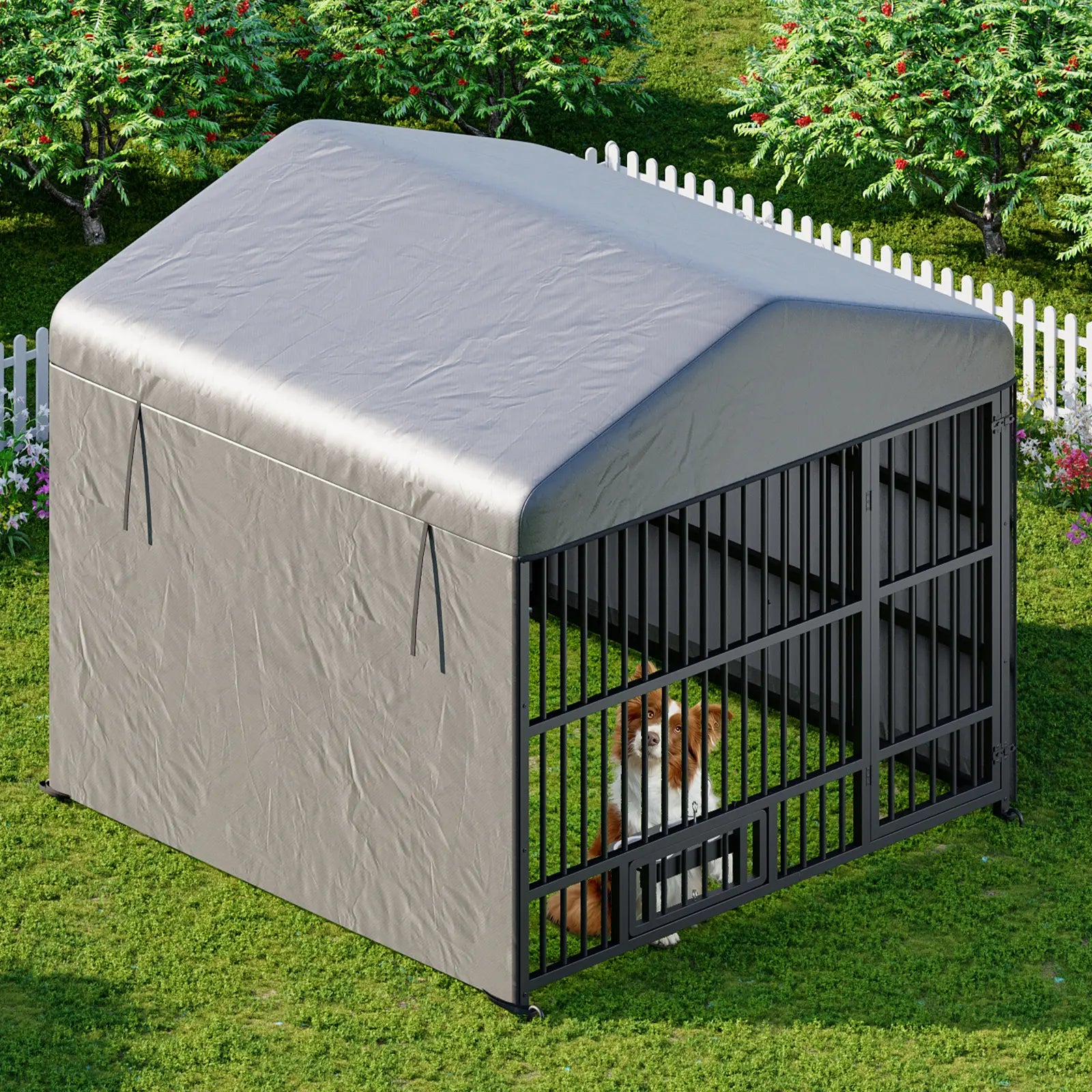 HOOBRO Outdoor Dog Kennel with Cover, 6.6 X 6.6 X 6.4 Ft Dog Kennel outside with Waterproof Roof and Rotating Feeding Bowls, Heavy-Duty Large Cage Enclosure, Dog Playpen Fence, Black
