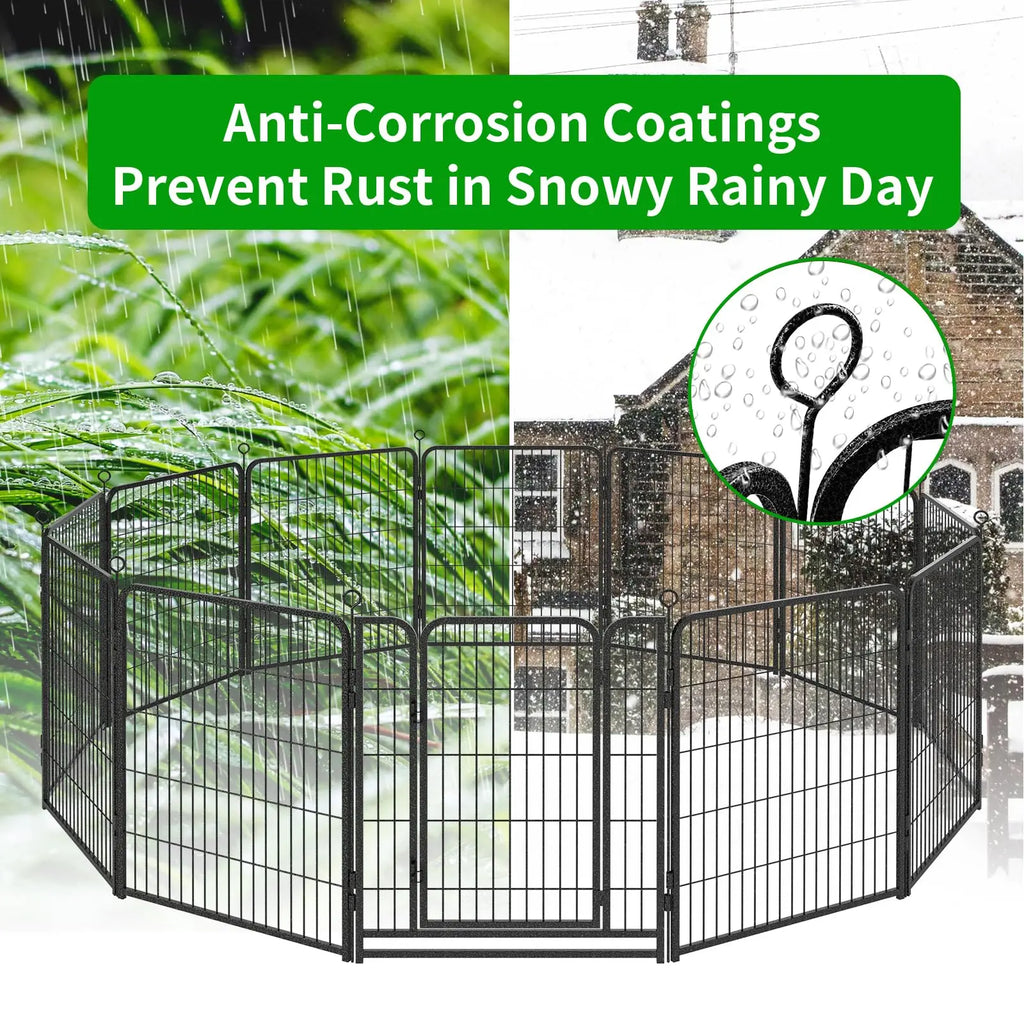Dog Playpen Outdoor Extra Wide 12 Piece Panels Heavy Duty Anti-Rust Coating-Strengthened Dog Fence 40" Height with Doors Portable for RV Camping Yard, Total 32FT, 79 Sq.Ft, Snowy Black PS781