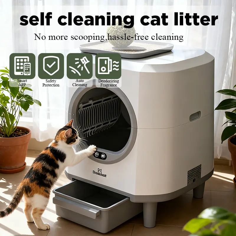 9Dreamcat Smart Cat Litter Box, Hands-Free Self-Cleaning, Large-Capacity, Odor-Free, APP Control, Multi-Cat Home, Modern Design, Includes Floating Brush & Aroma Box