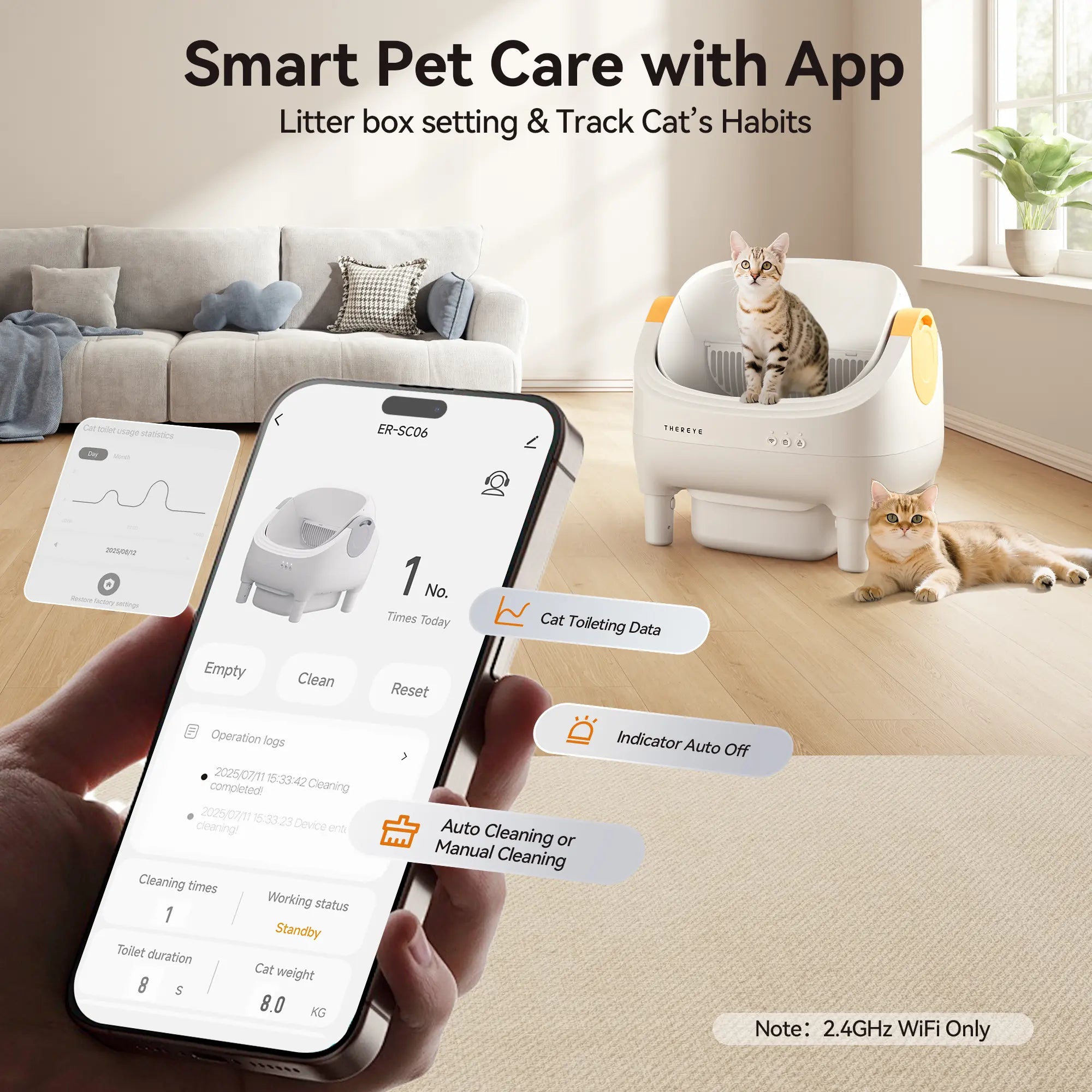Thereye Open-Top Self-Cleaning Cat Litter Box, Automatic with App Control Wifi Odor-Free Waste Disposal Includes Trash Bags Litterbox