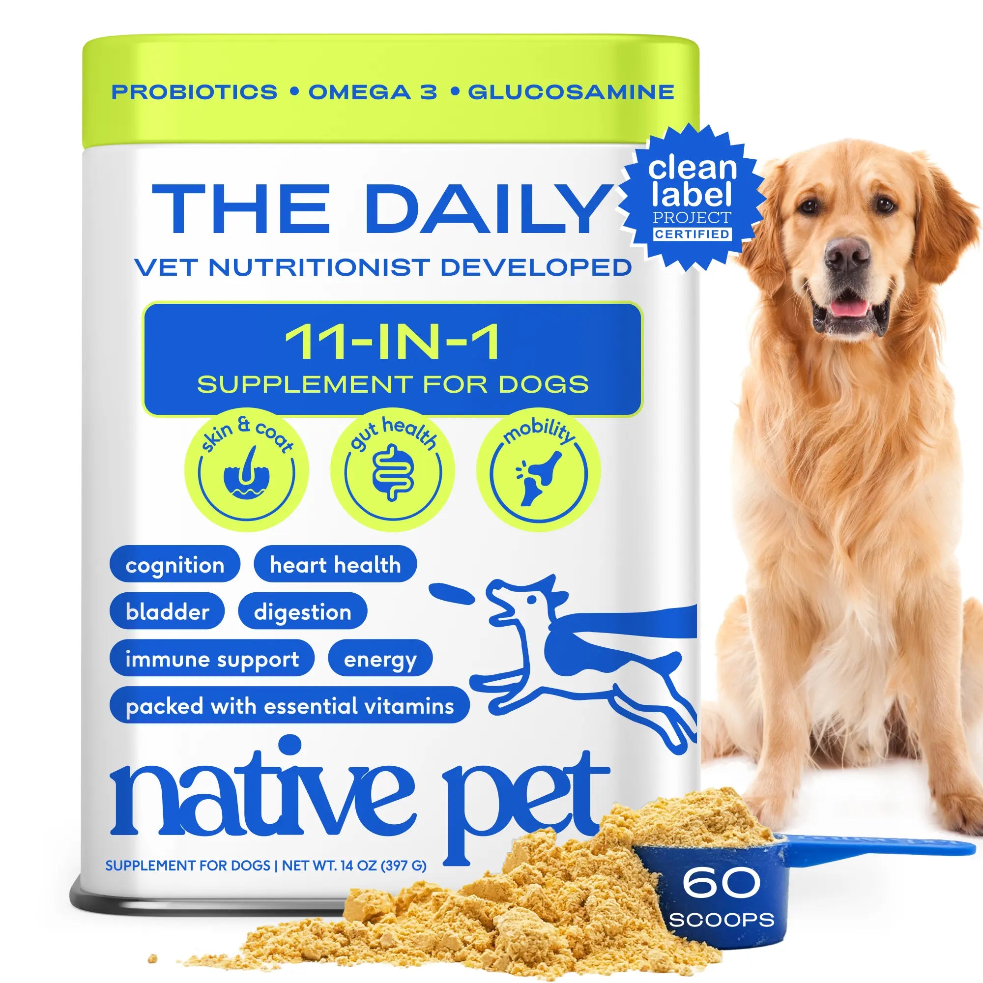 Native Pet Dog Vitamins & Supplements - 11-In-1 Vitamin Powder for Dog Food Topper - Collagen, Glucosamine, Probiotics, Omega & More- Supports Healthy Gut, Mobility & Overall Health