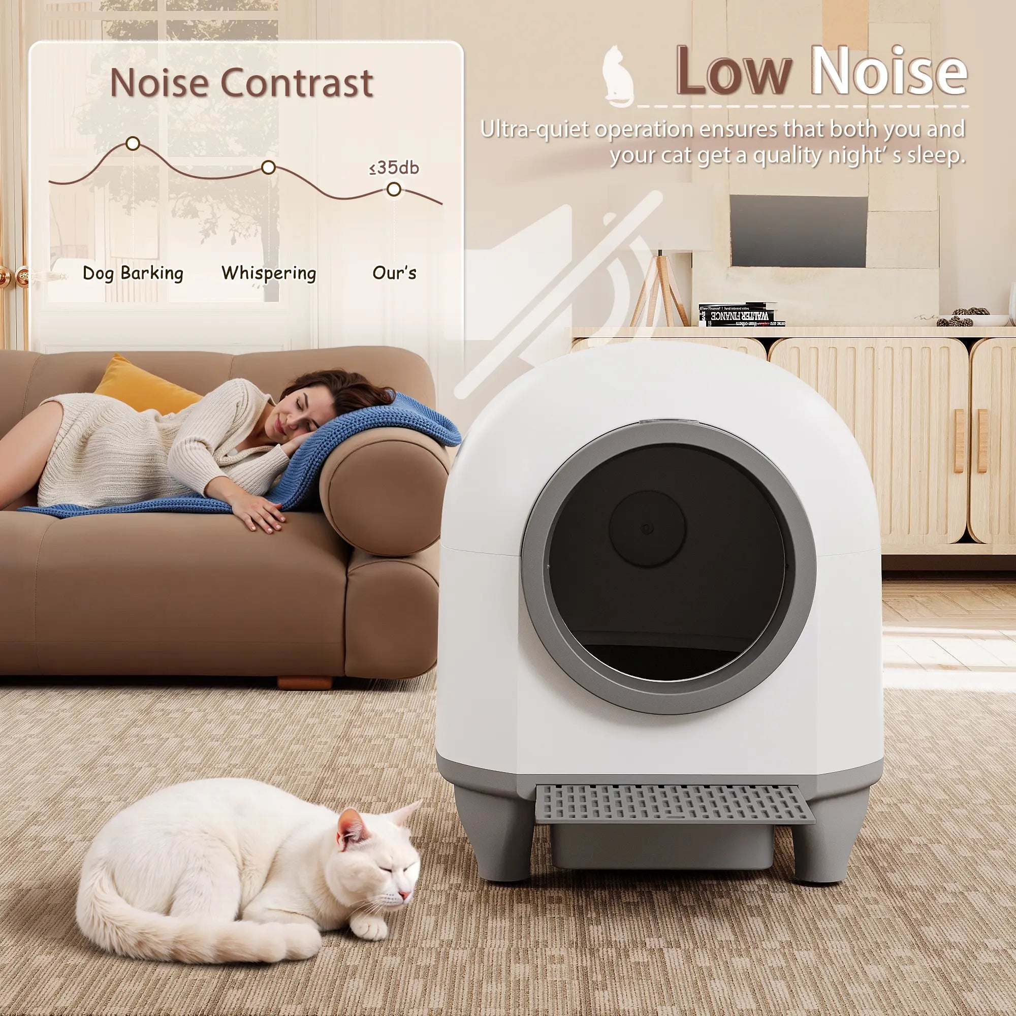 Warcat Smart Low-Noise Auto-Cleaning Litter Box 90L Self Cleaning Cat Litter Box App-Controlled via 2.4G Wifi with Smart Sensors, Safety Protection, Easy Maintenance, Easy Setup & Clean Springshine Springstatements Springbreak