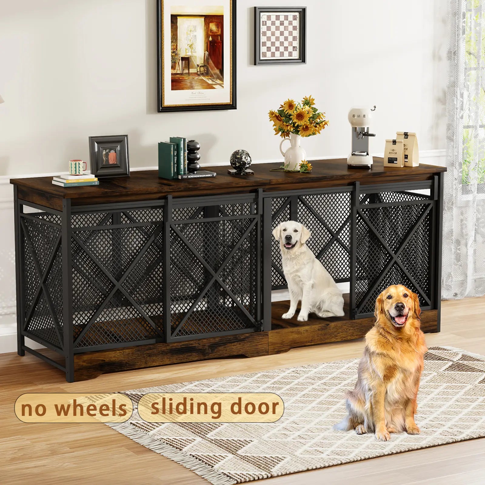 COZPAW Large Dog Crate Furniture, 48/52/71/78/86Inch Wooden Dog Kennel for Xlarge Dogs, Heavy Duty Dogs Furniture Indoor Wire Dog Cage with Caster Wheels, Decorative Pet House End Table, Brown