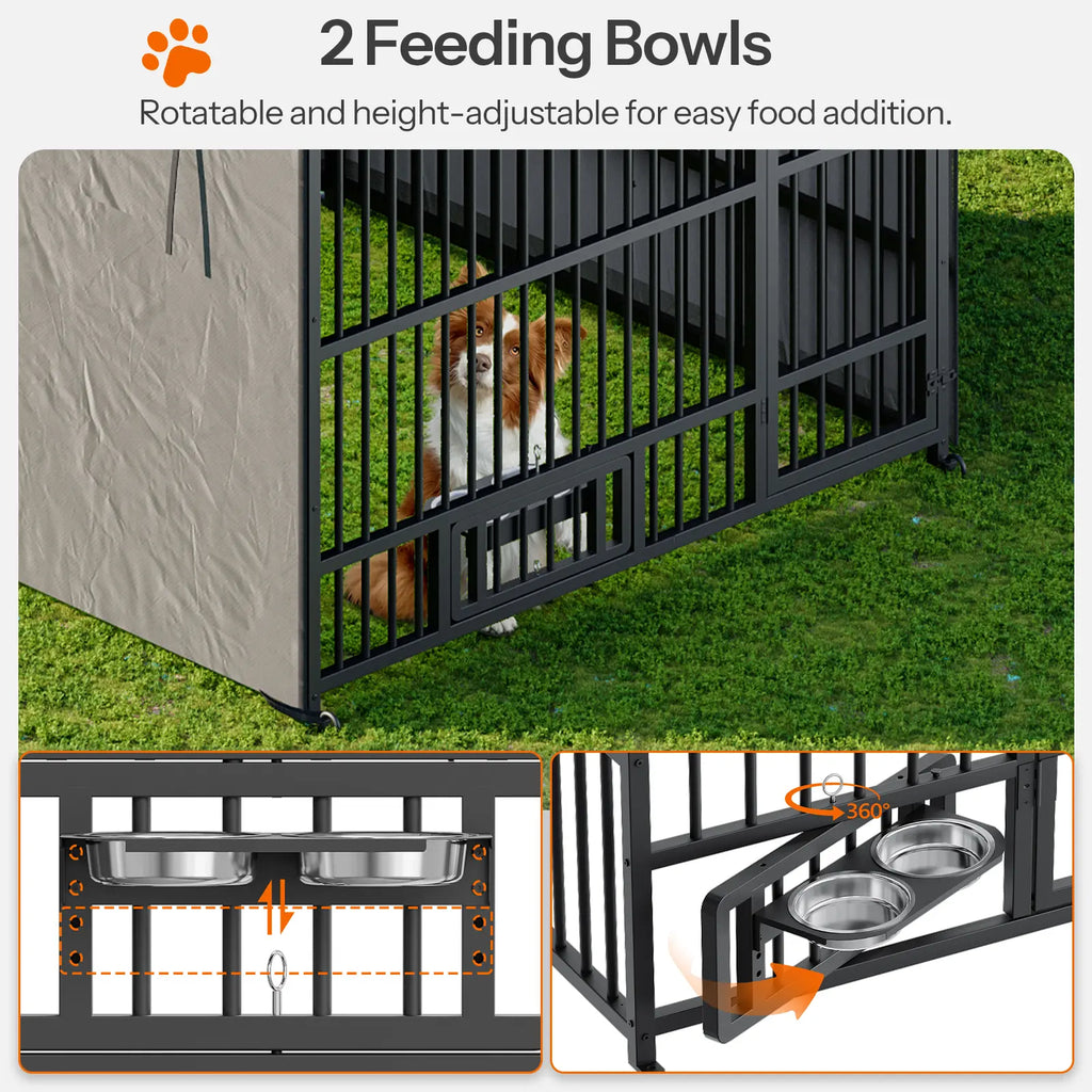 HOOBRO Outdoor Dog Kennel with Cover, 6.6 X 6.6 X 6.4 Ft Dog Kennel outside with Waterproof Roof and Rotating Feeding Bowls, Heavy-Duty Large Cage Enclosure, Dog Playpen Fence, Black