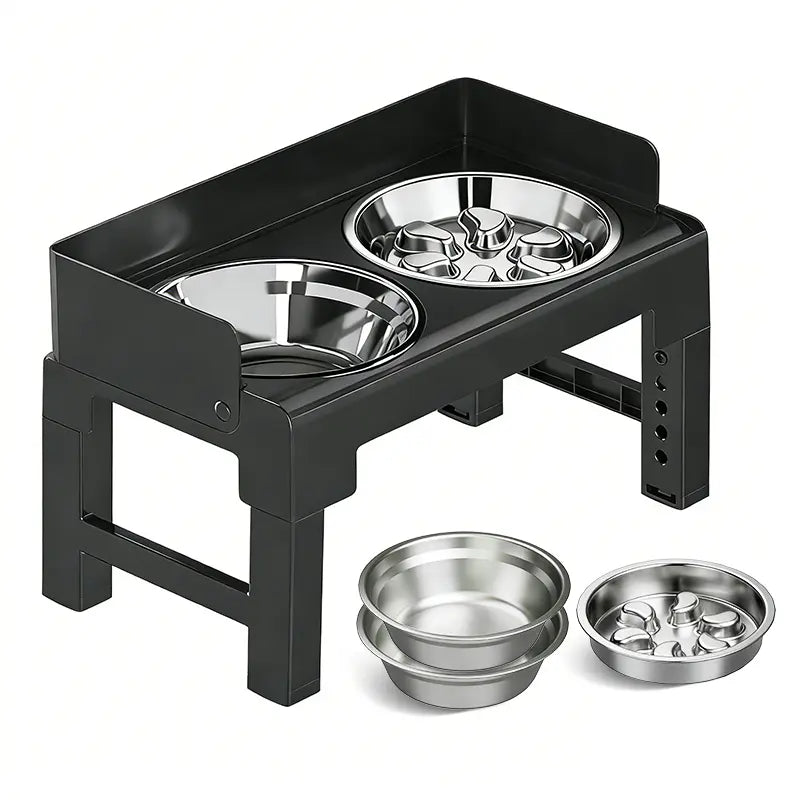 PAKEWAY Elevated Dog Bowls, Spill Proof, Tiltable Pet Feeder with 1 Slow Feeder Bowl &2 Stainless Steel Bowl, 6 Height Adjustable Raised Dog Bowls Stand for Medium Large Dogs