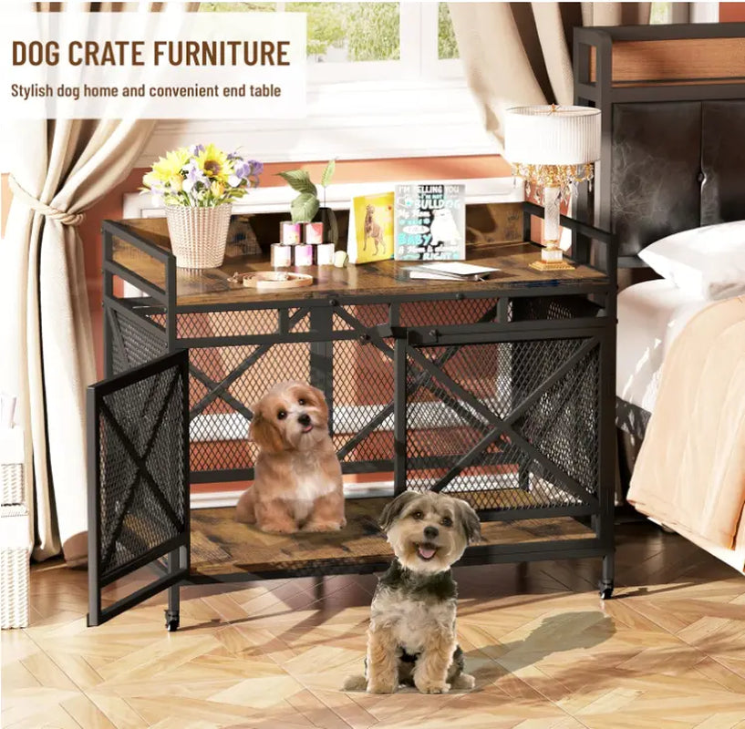 COZPAW Large Dog Crate Furniture, 48/52/71/78/86Inch Wooden Dog Kennel for Xlarge Dogs, Heavy Duty Dogs Furniture Indoor Wire Dog Cage with Caster Wheels, Decorative Pet House End Table, Brown