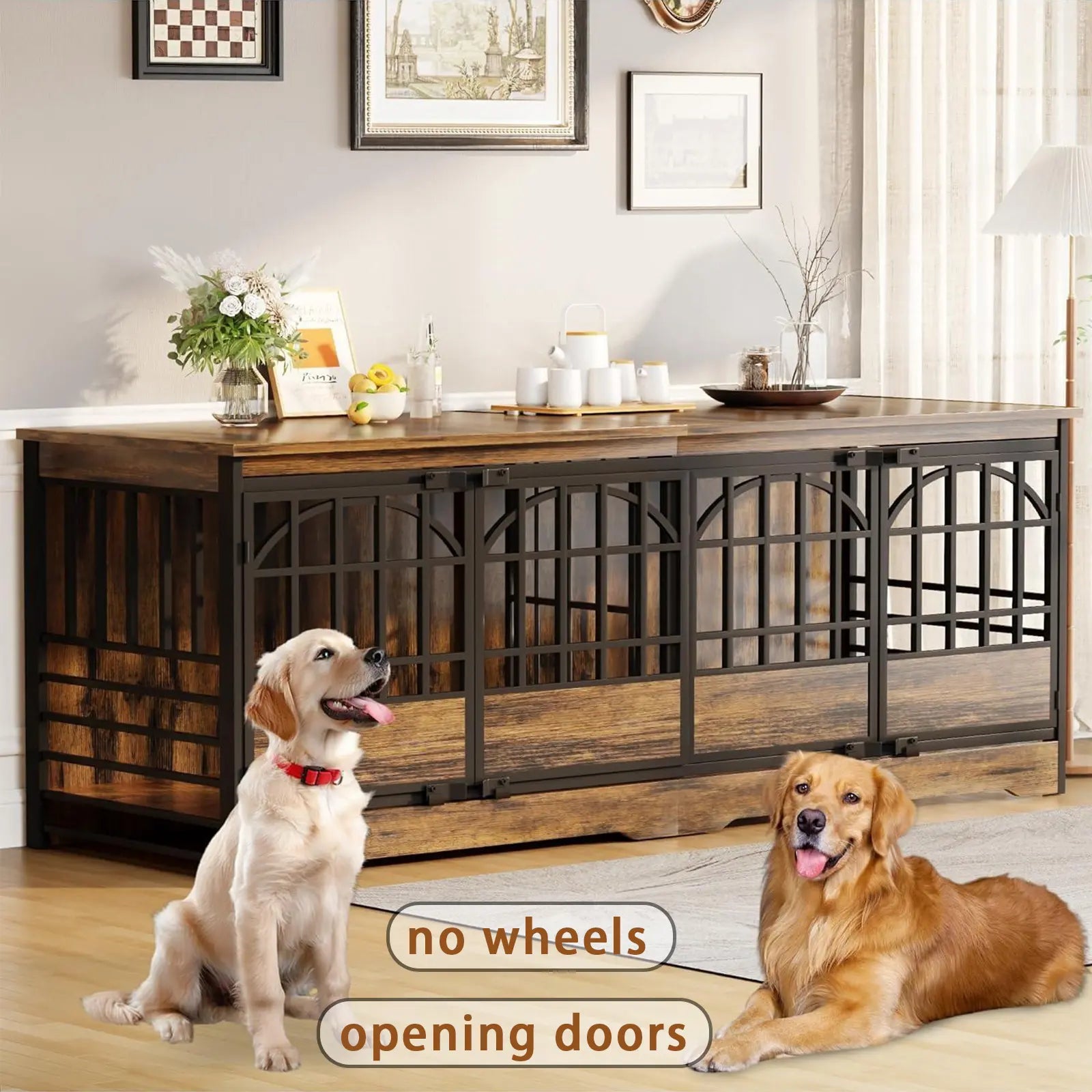 COZPAW Large Dog Crate Furniture, 48/52/71/78/86Inch Wooden Dog Kennel for Xlarge Dogs, Heavy Duty Dogs Furniture Indoor Wire Dog Cage with Caster Wheels, Decorative Pet House End Table, Brown