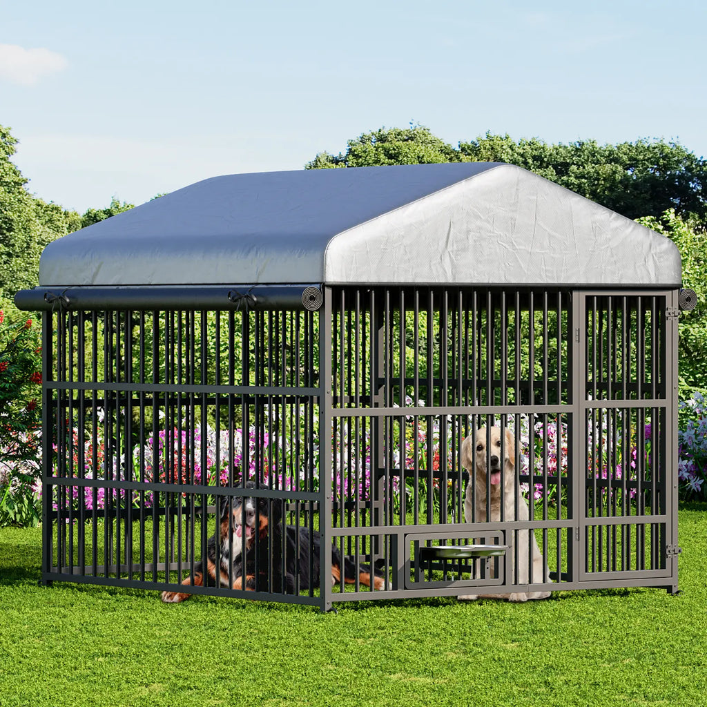HOOBRO Outdoor Dog Kennel with Cover, 6.6 X 6.6 X 6.4 Ft Dog Kennel outside with Waterproof Roof and Rotating Feeding Bowls, Heavy-Duty Large Cage Enclosure, Dog Playpen Fence, Black