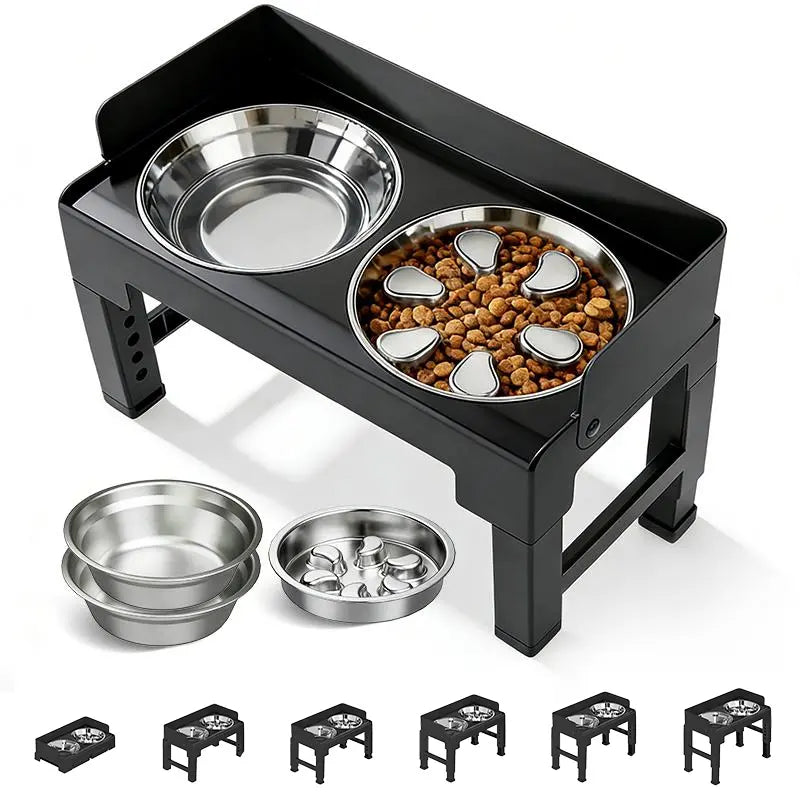 PAKEWAY Elevated Dog Bowls, Spill Proof, Tiltable Pet Feeder with 1 Slow Feeder Bowl &2 Stainless Steel Bowl, 6 Height Adjustable Raised Dog Bowls Stand for Medium Large Dogs