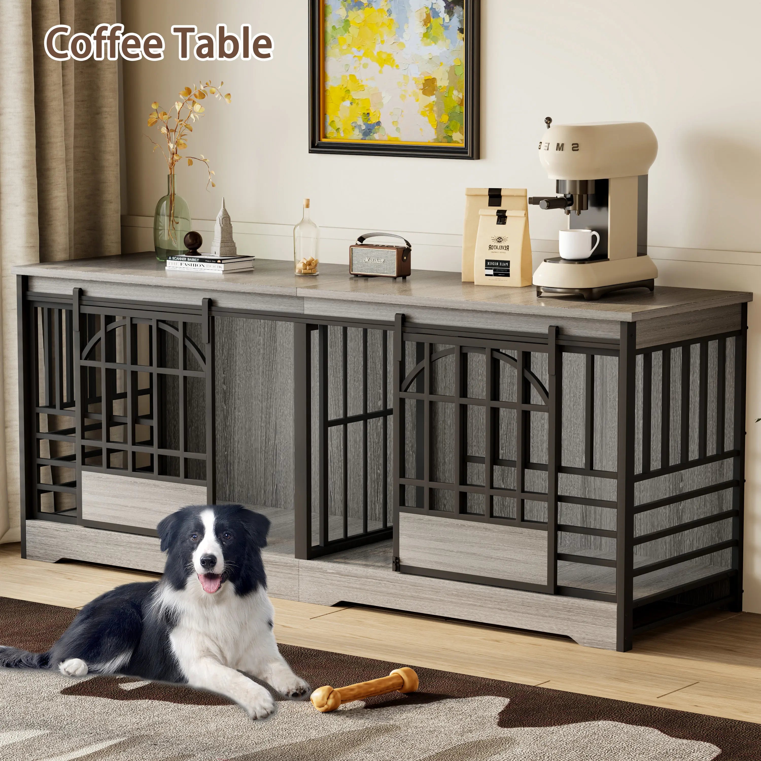 COZPAW Large Dog Crate Furniture, 48/52/71/78/86Inch Wooden Dog Kennel for Xlarge Dogs, Heavy Duty Dogs Furniture Indoor Wire Dog Cage with Caster Wheels, Decorative Pet House End Table, Brown