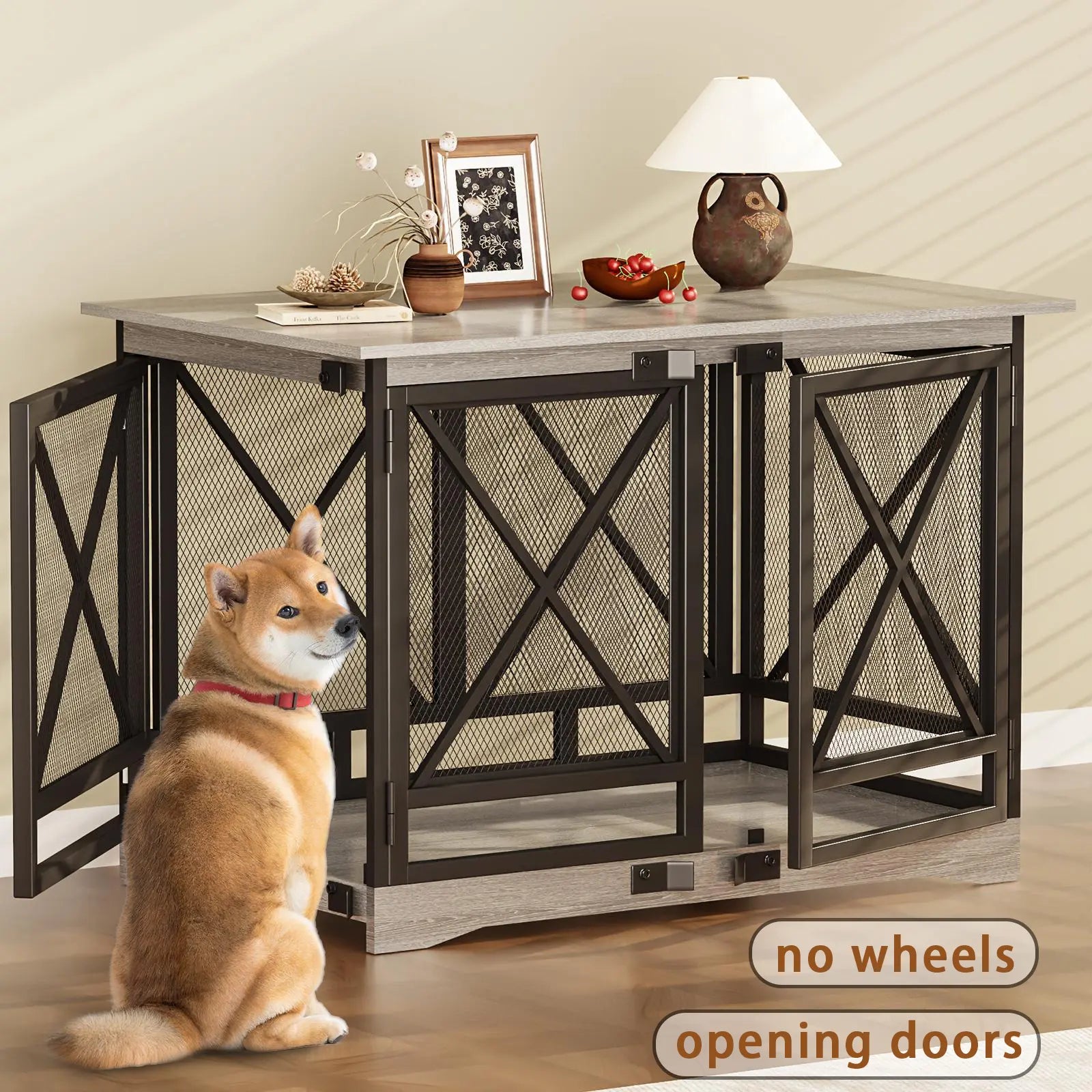 COZPAW Large Dog Crate Furniture, 48/52/71/78/86Inch Wooden Dog Kennel for Xlarge Dogs, Heavy Duty Dogs Furniture Indoor Wire Dog Cage with Caster Wheels, Decorative Pet House End Table, Brown