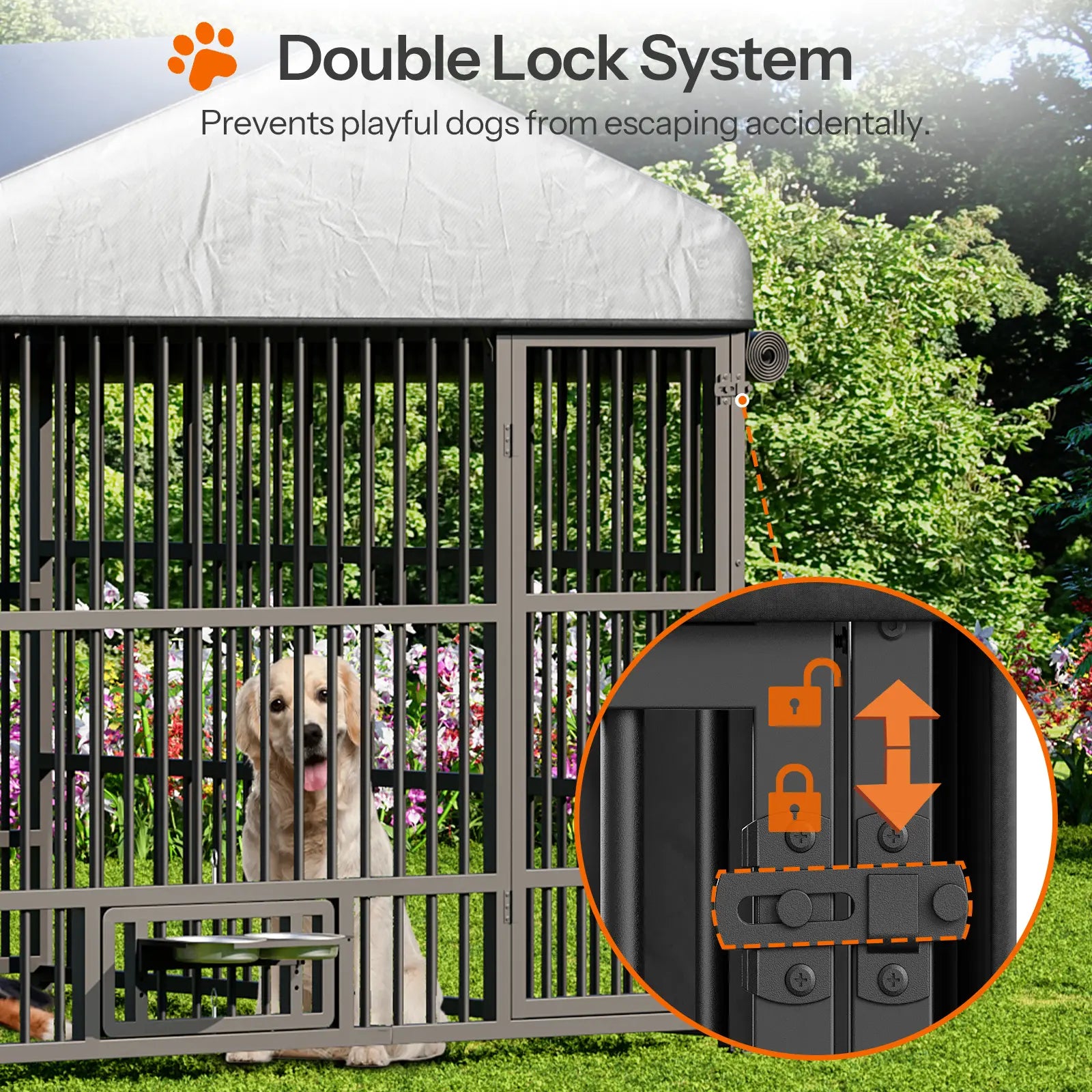 HOOBRO Outdoor Dog Kennel with Cover, 6.6 X 6.6 X 6.4 Ft Dog Kennel outside with Waterproof Roof and Rotating Feeding Bowls, Heavy-Duty Large Cage Enclosure, Dog Playpen Fence, Black