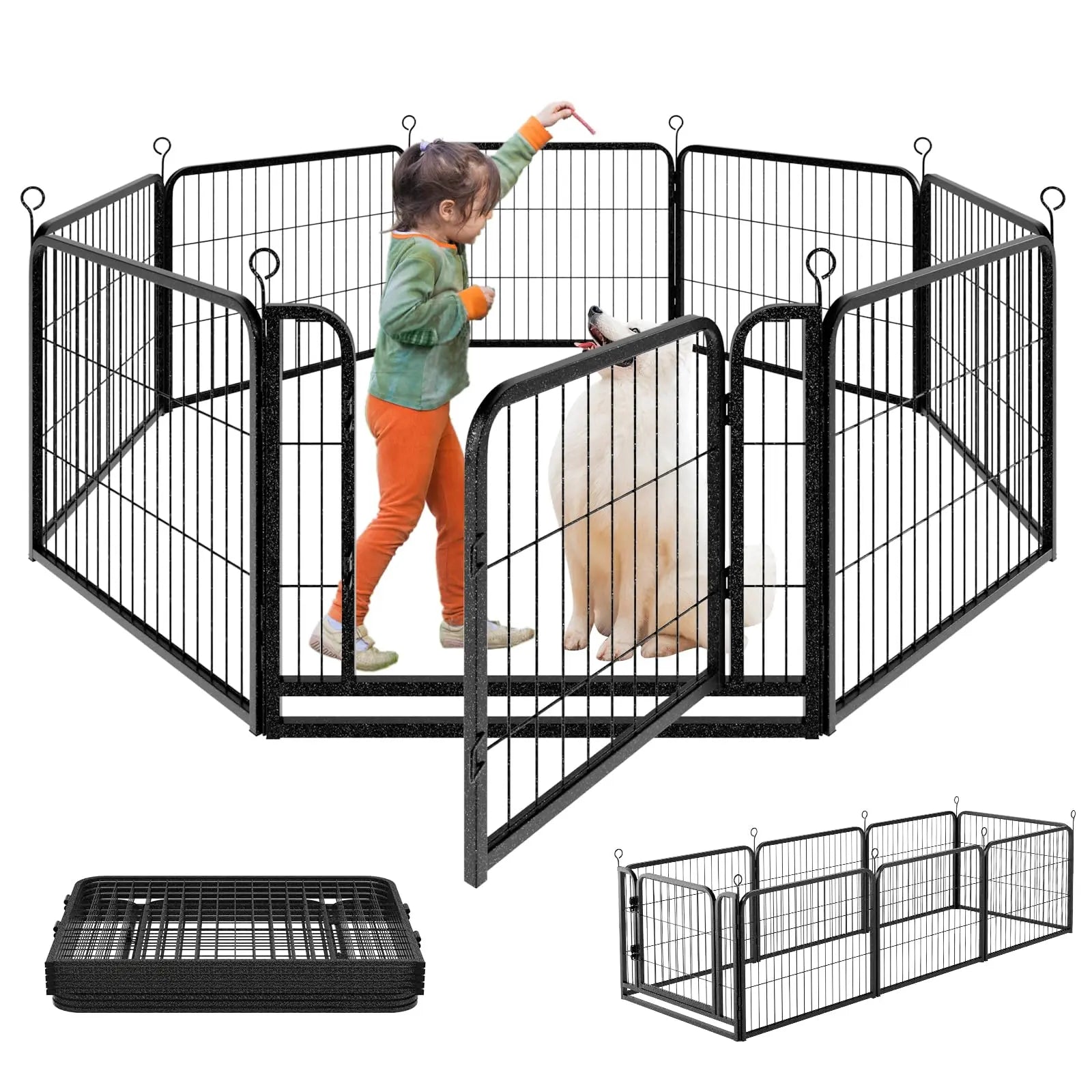 Dog Playpen Outdoor Extra Wide 12 Piece Panels Heavy Duty Anti-Rust Coating-Strengthened Dog Fence 40" Height with Doors Portable for RV Camping Yard, Total 32FT, 79 Sq.Ft, Snowy Black PS781