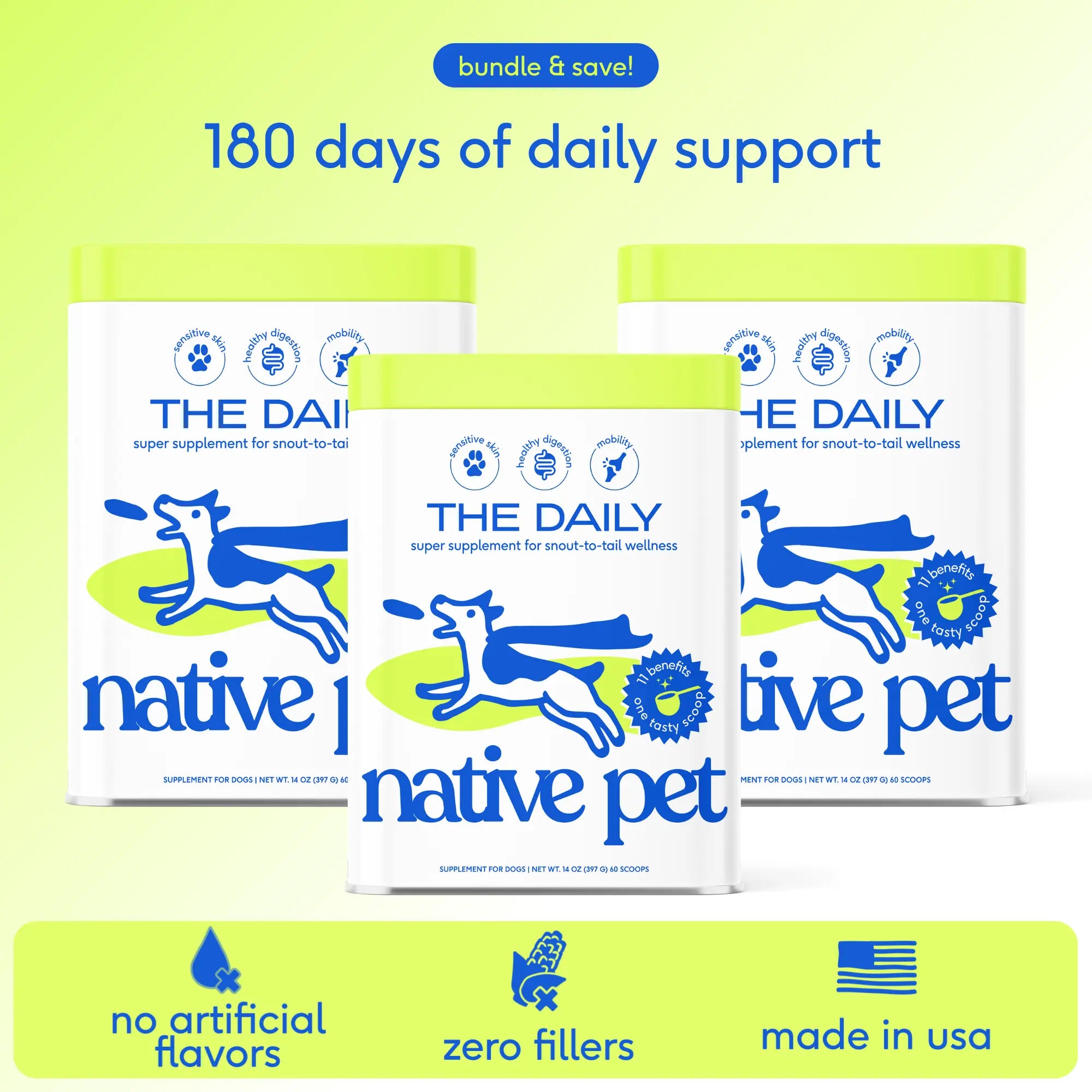 Native Pet Dog Vitamins & Supplements - 11-In-1 Vitamin Powder for Dog Food Topper - Collagen, Glucosamine, Probiotics, Omega & More- Supports Healthy Gut, Mobility & Overall Health