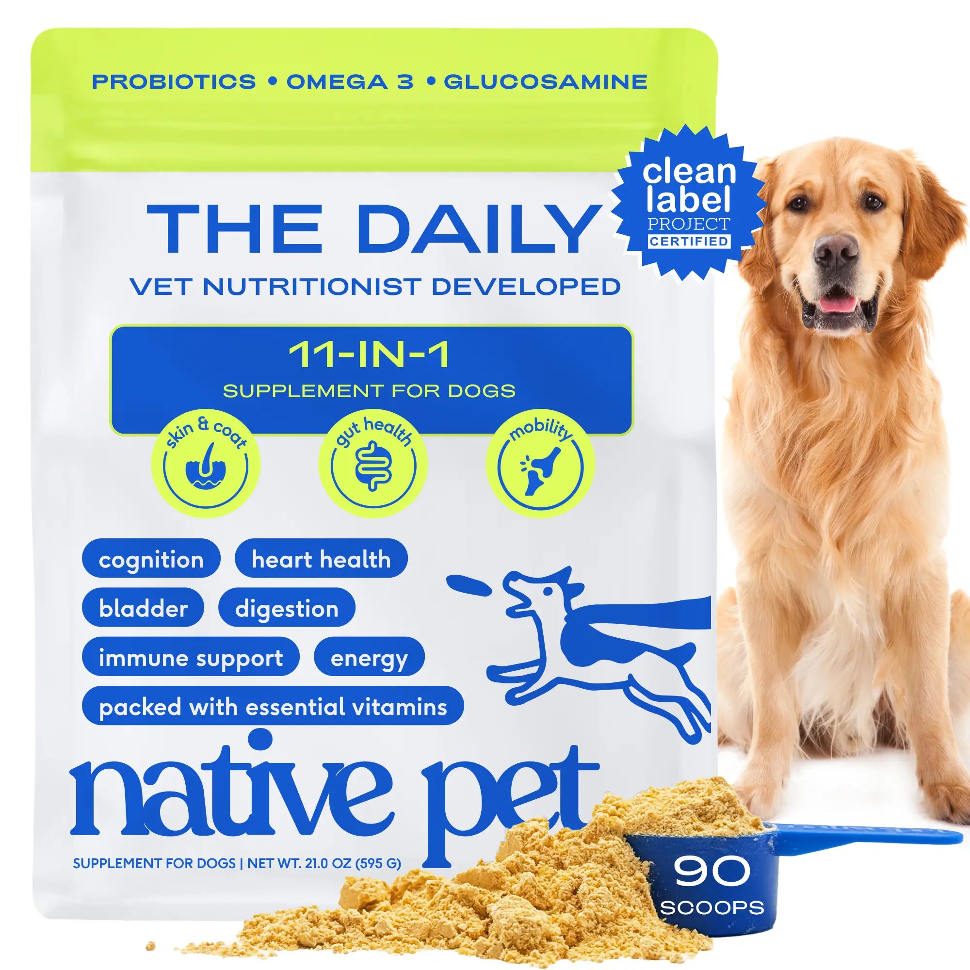 Native Pet Dog Vitamins & Supplements - 11-In-1 Vitamin Powder for Dog Food Topper - Collagen, Glucosamine, Probiotics, Omega & More- Supports Healthy Gut, Mobility & Overall Health